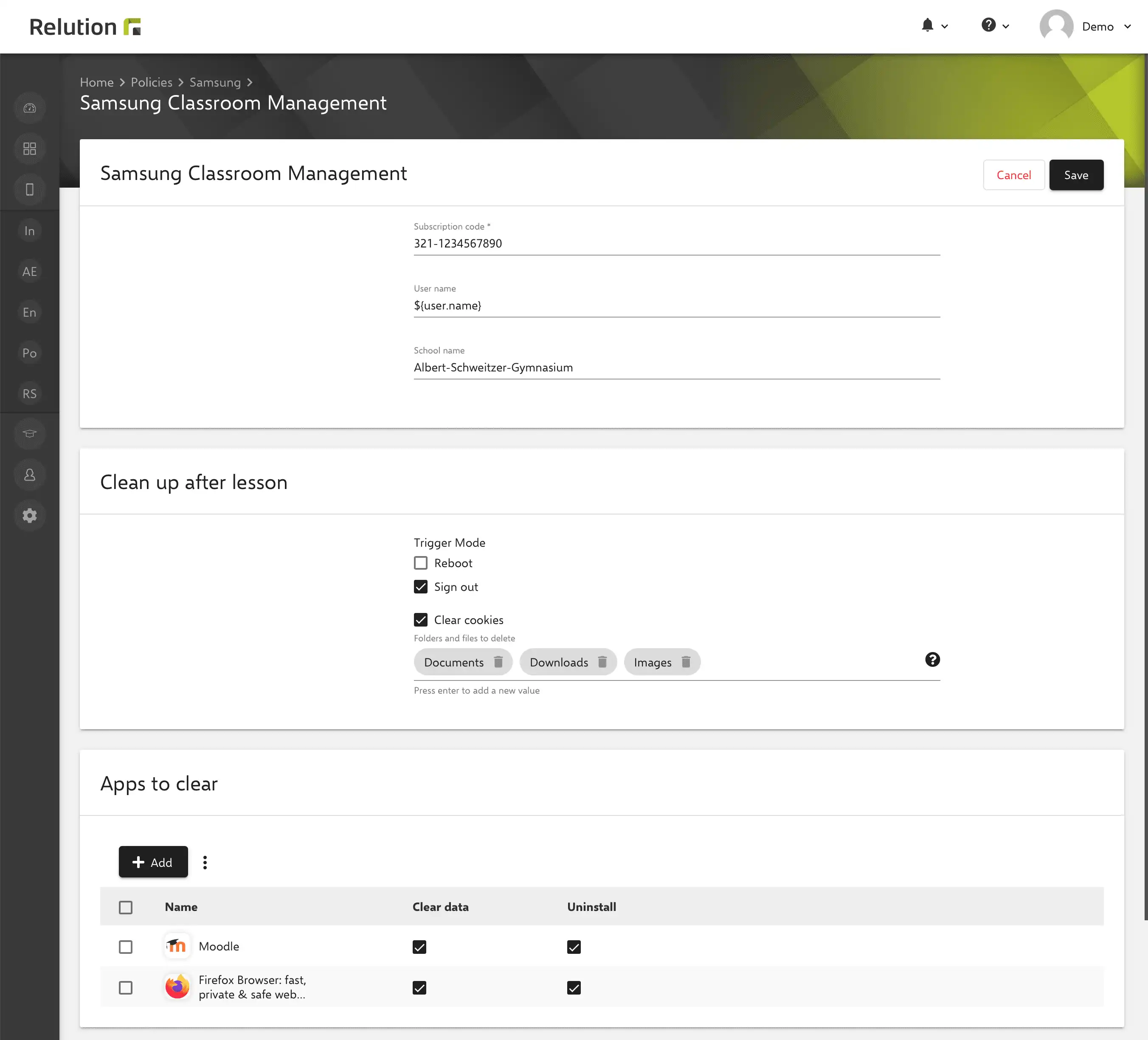 Configurazione « Samsung Classroom Management » in una politica Android Enterprise per gestione della privacy e pulizia di dati, inclusa rimozione di app e cookie