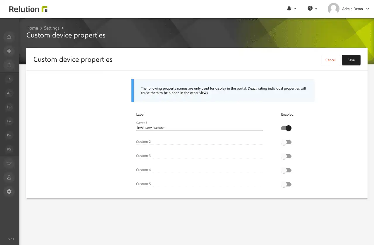 Settings overview in Relution for activating custom attributes to extend device details, such as inventory number, location, or warranty expiration date