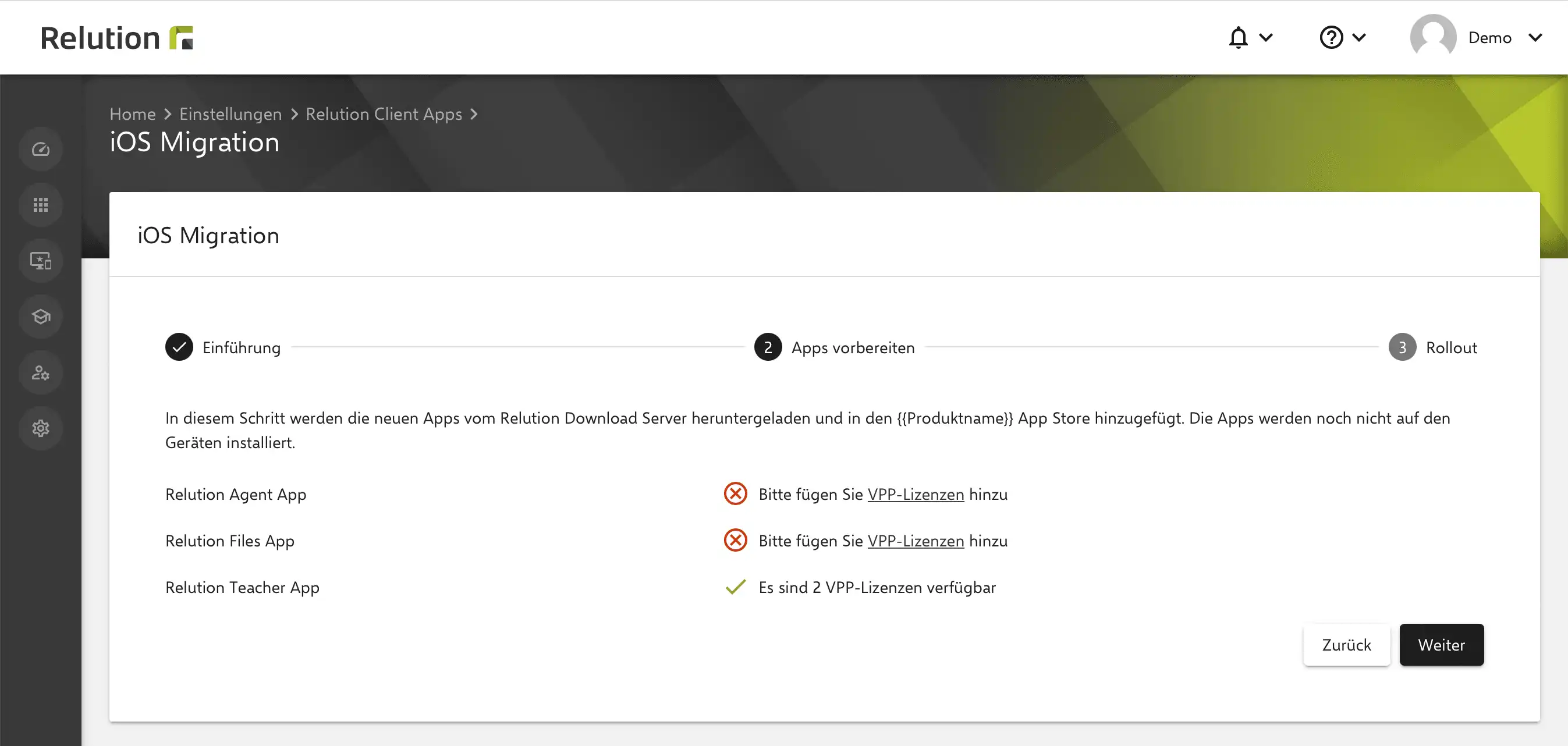 Darstellung im Relution-Backend im Bereich „iOS Migration“ mit dem Schritt „Apps vorbereiten“, bei dem die drei Relution Apps vom Relution Download Server bereitgestellt, aber noch nicht auf den Geräten installiert sind