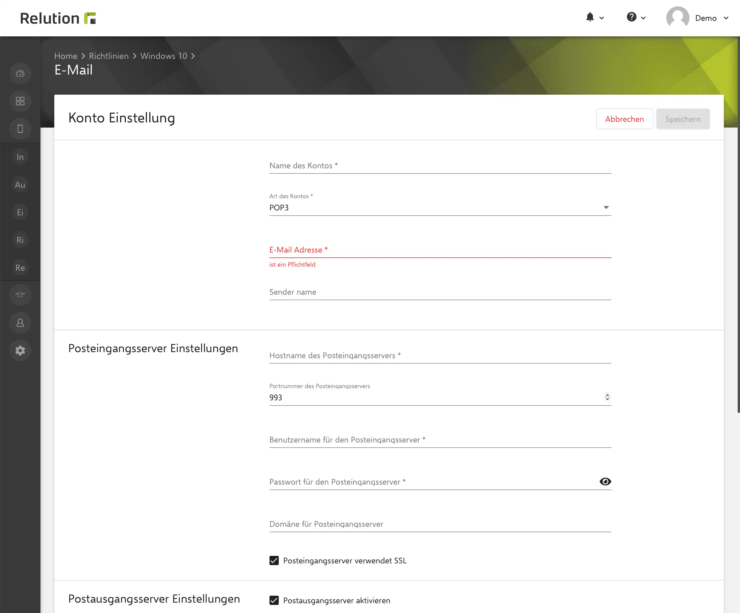 Konfigurationsoptionen in Relution für die Einrichtung von E-Mail-Konten auf Windows-Geräten, die zentral für mehrere Benutzer vorkonfiguriert werden können