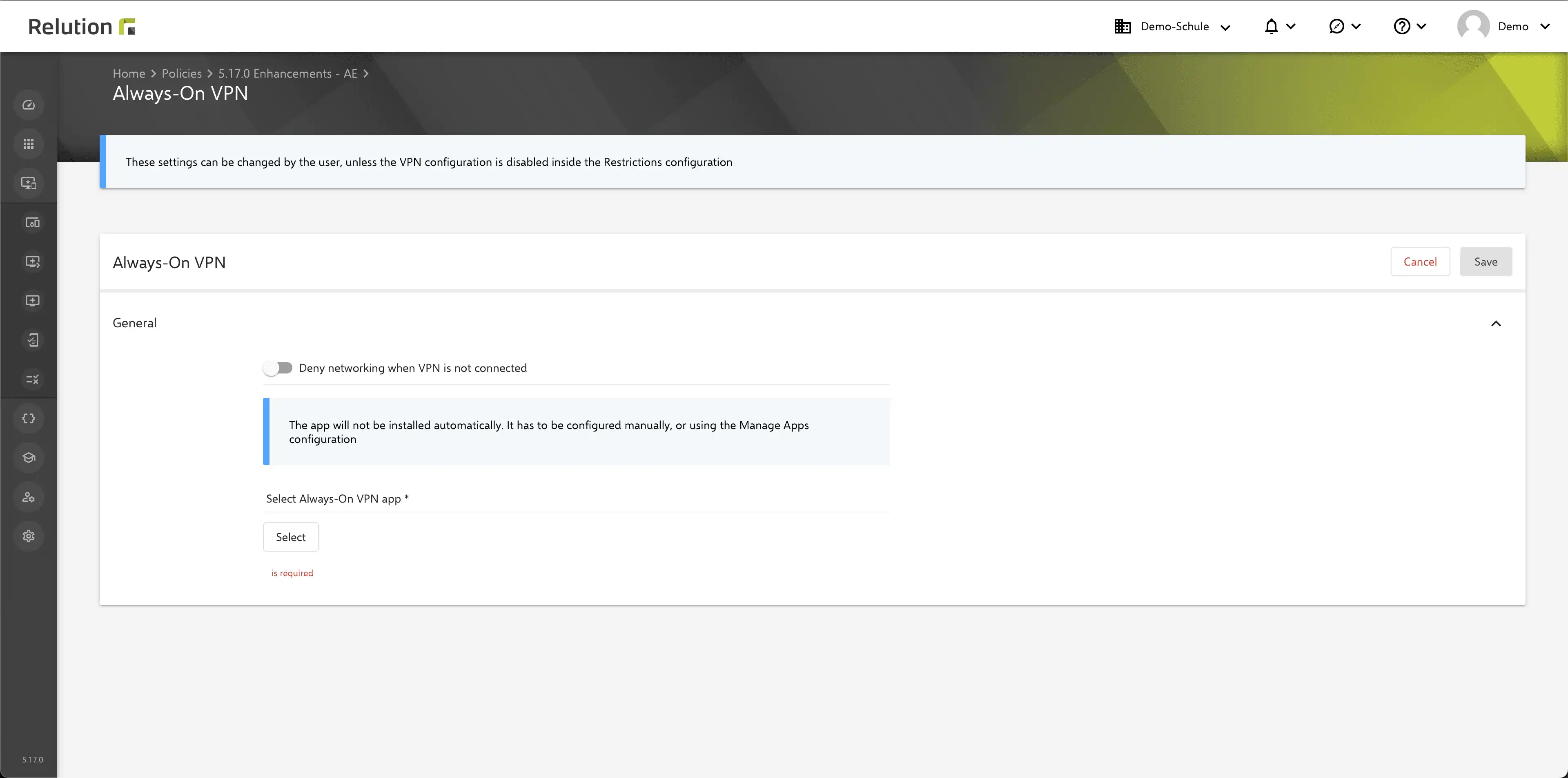 Selection of apps for permanent VPN access within a policy in the Relution portal