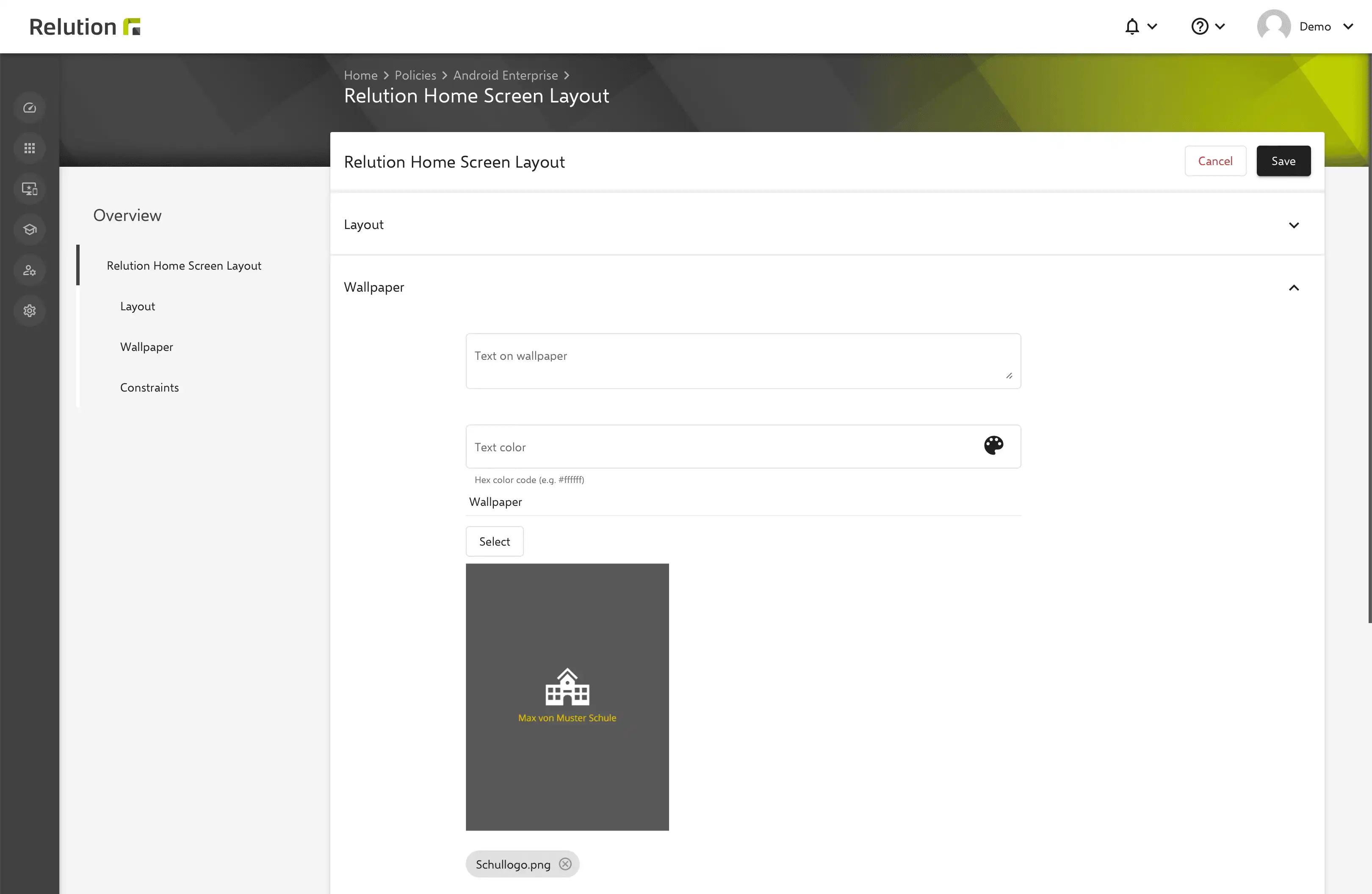 Screenshot of the Relution interface ‘Relution Home Screen Layout’ for Android Enterprise, showing the Wallpaper section and a preview featuring the school logo.