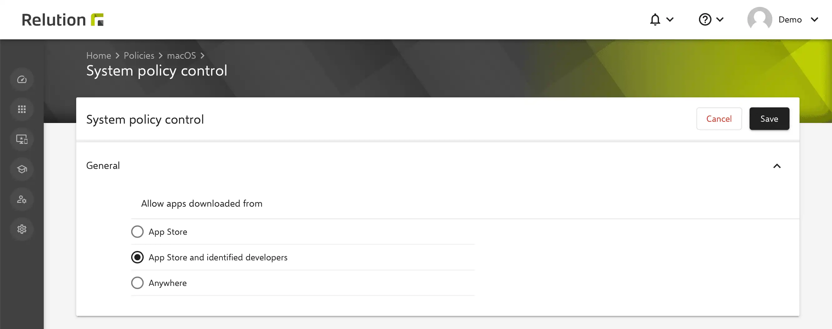 Control de la configuración de Gatekeeper de macOS en Relution para restringir las fuentes de descarga de aplicaciones