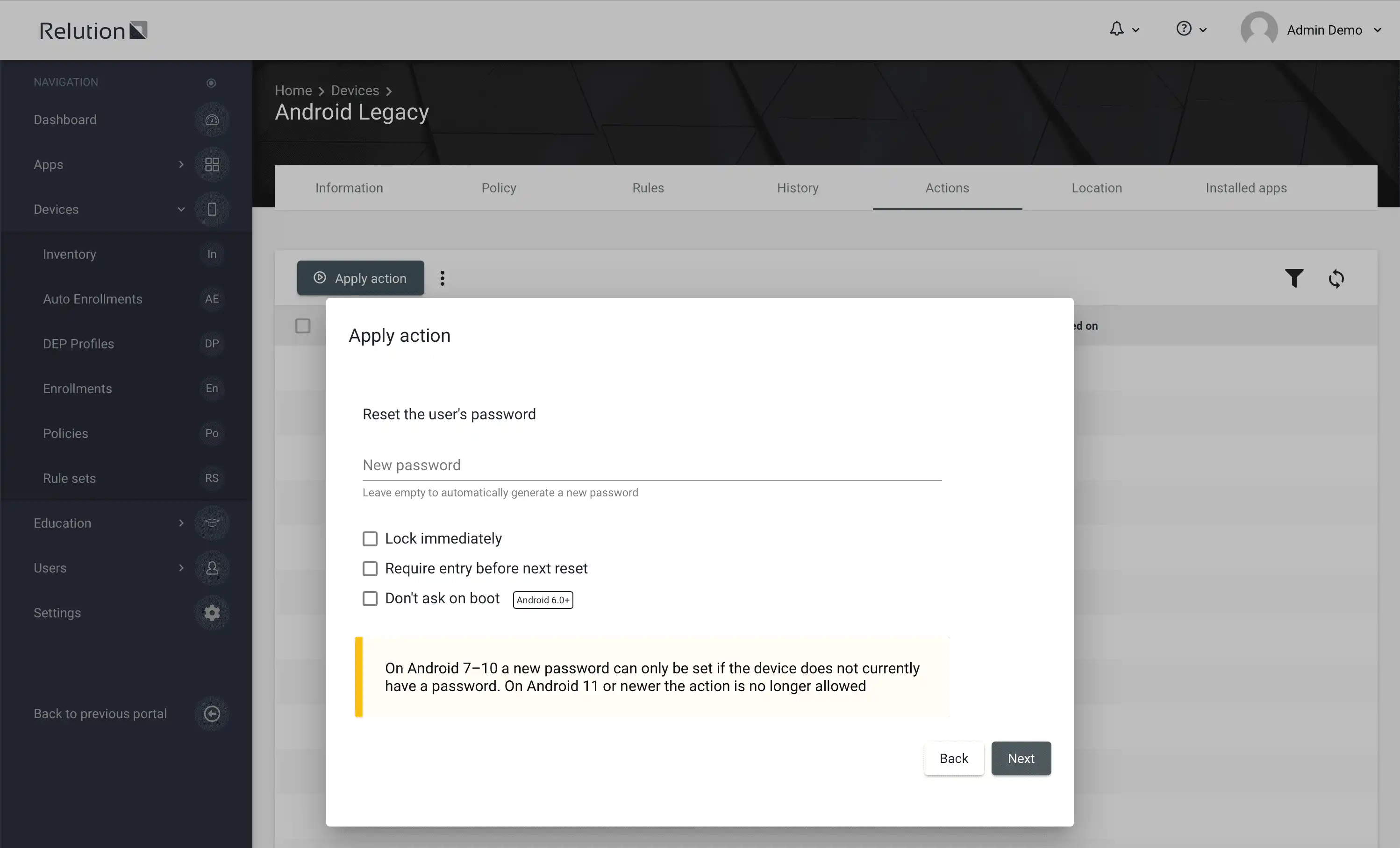 "Reset Password" option for Android Legacy devices in the Relution portal depending on the operating system version