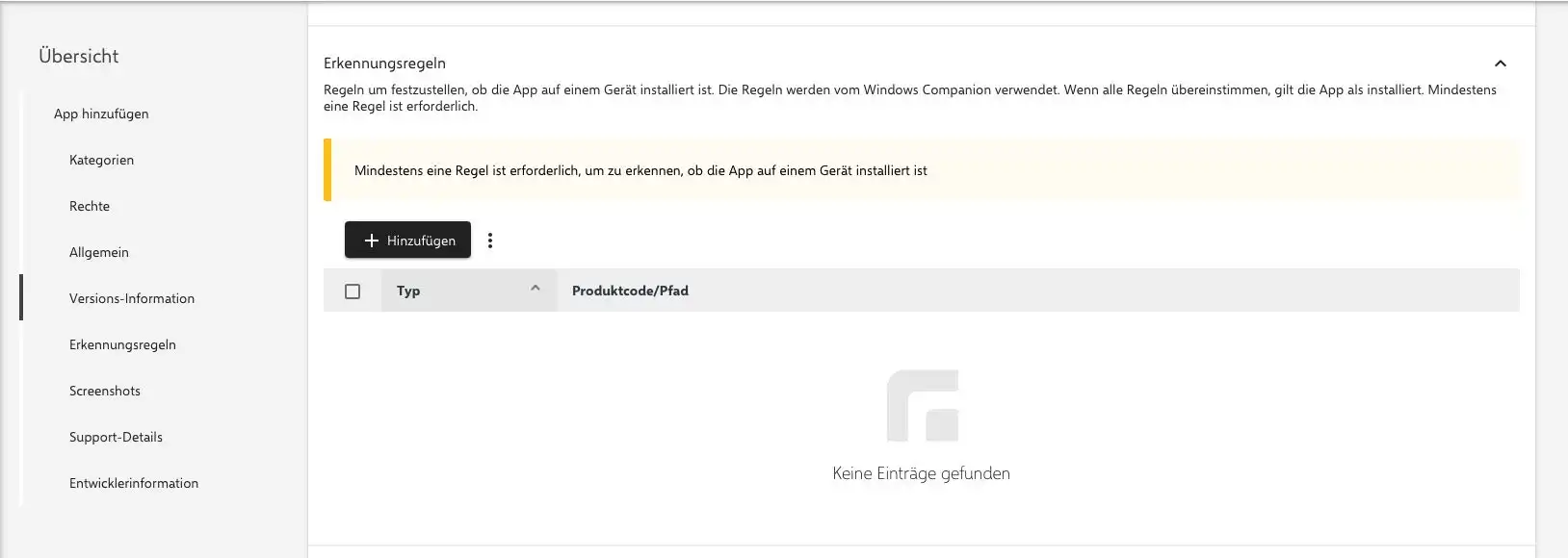 Einstellung im Relution Companion für Windows zur Konfiguration von Erkennungsregeln, um Applikationen eindeutig auf dem Windows-Rechner zu identifizieren
