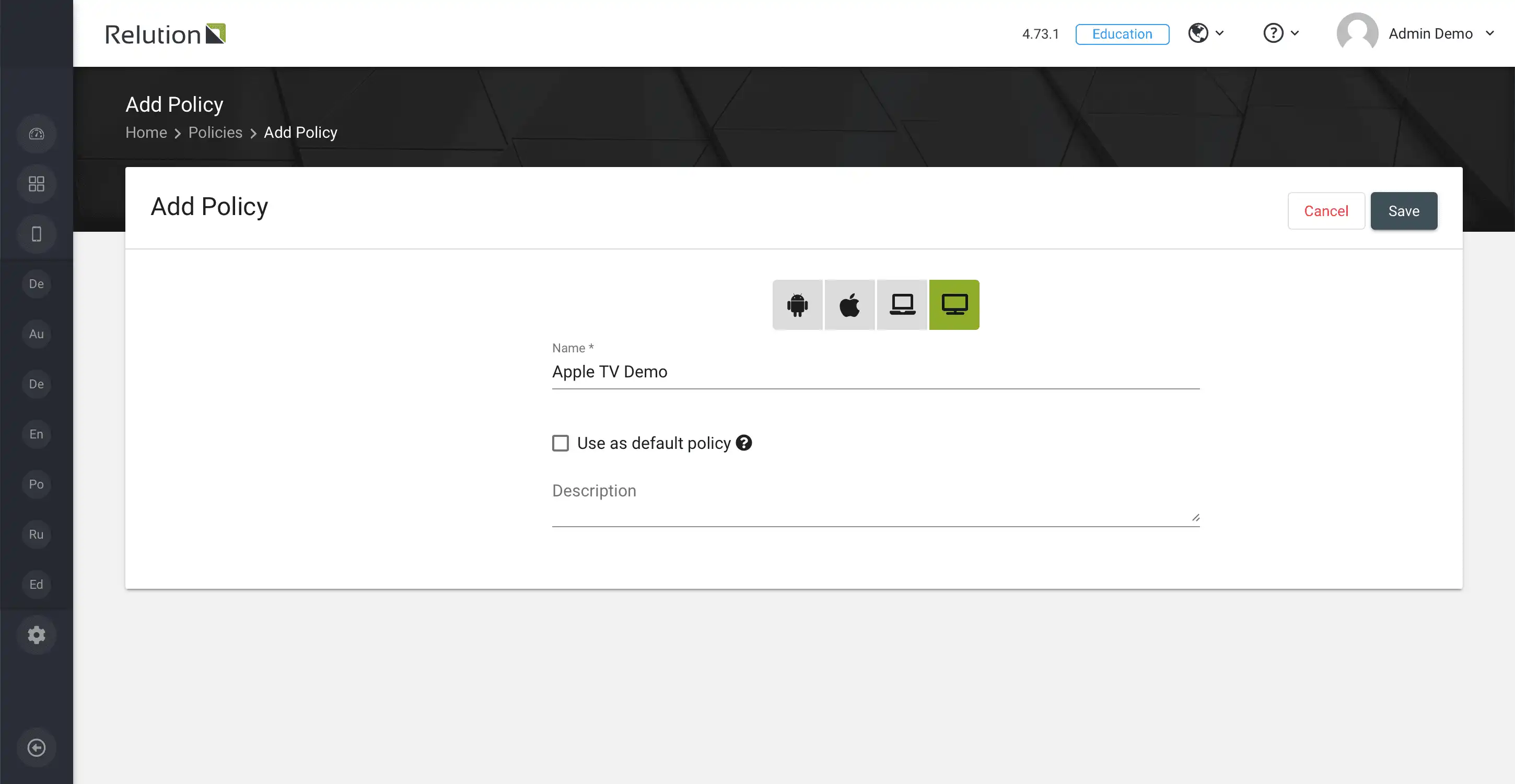 Step showing the creation of guidelines for configuring tvOS devices in Relution