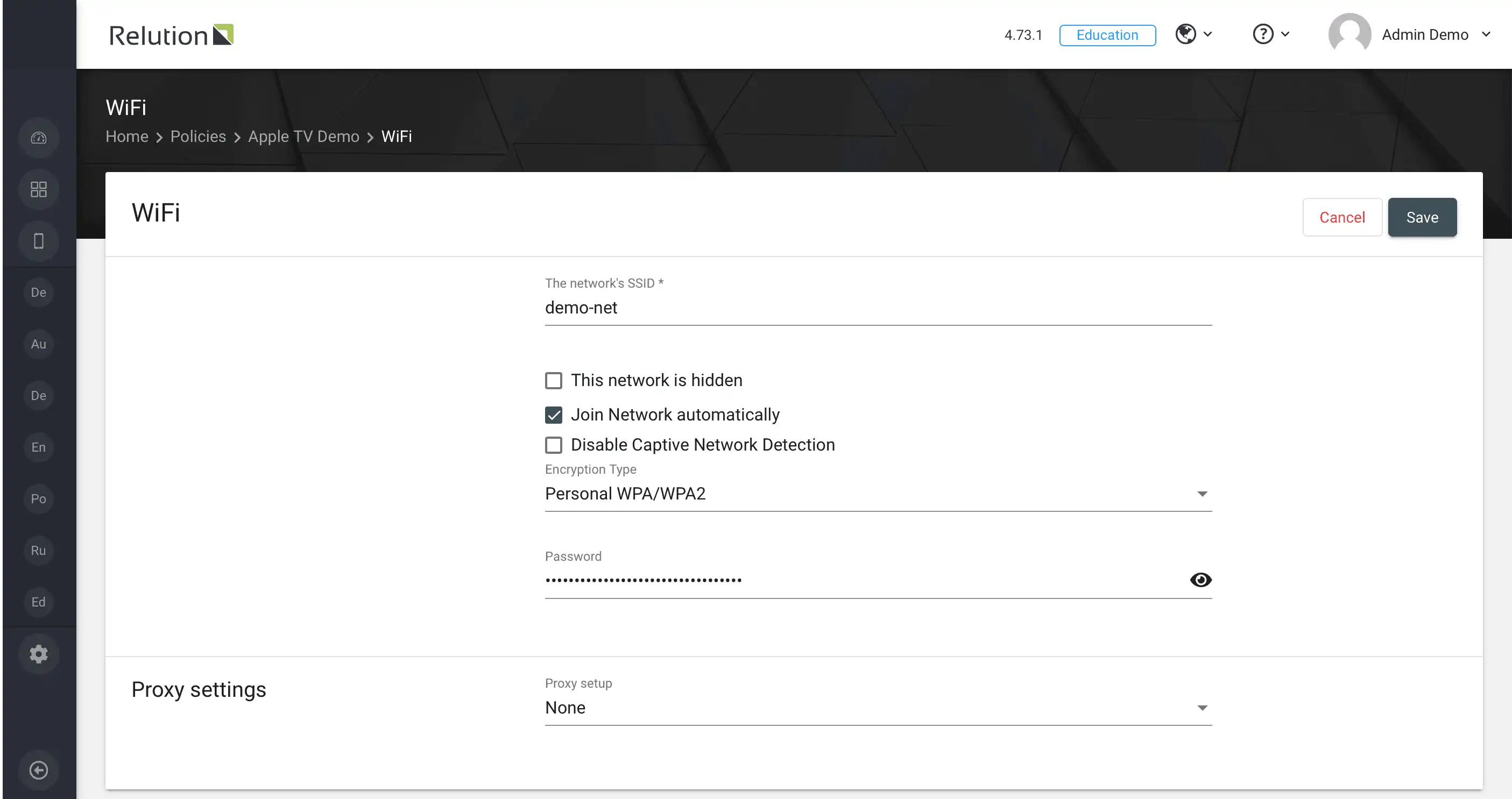 Settings page for "WiFi" configuration in Relution to define networks for Apple TV devices