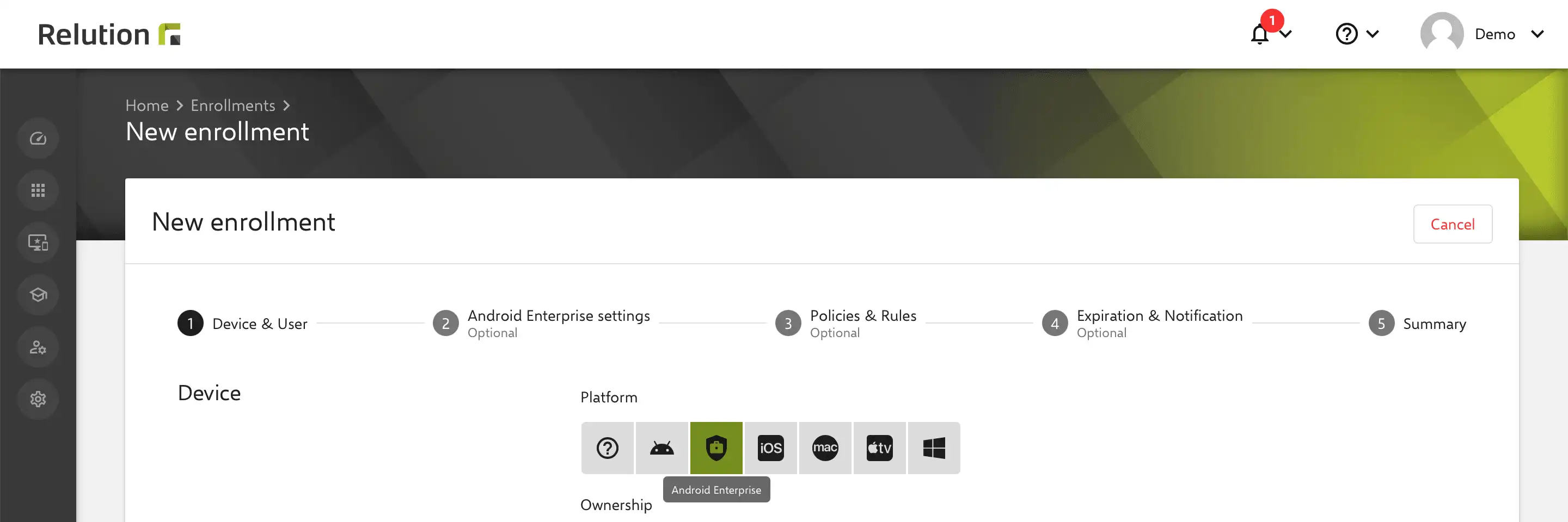 Resumen del conjunto de iconos ampliado en Relution dentro de la sección « Nueva inscripción » para mejorar la visualización y la orientación del usuario