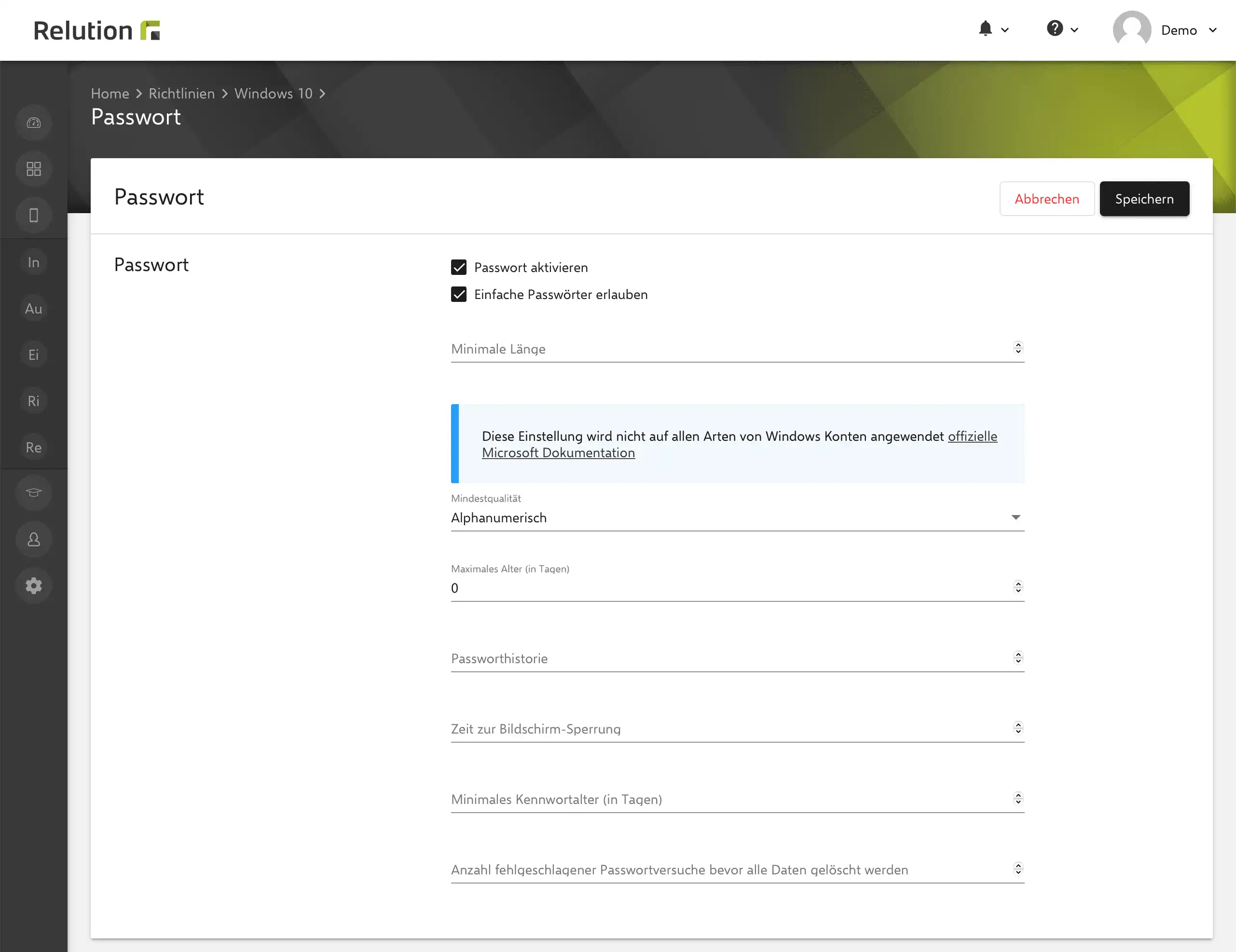 Einstellungen in Relution zur Verwaltung von Passwortrichtlinien für Windows-Geräte mit vorgegebenen Konventionen für die Passwortnutzung