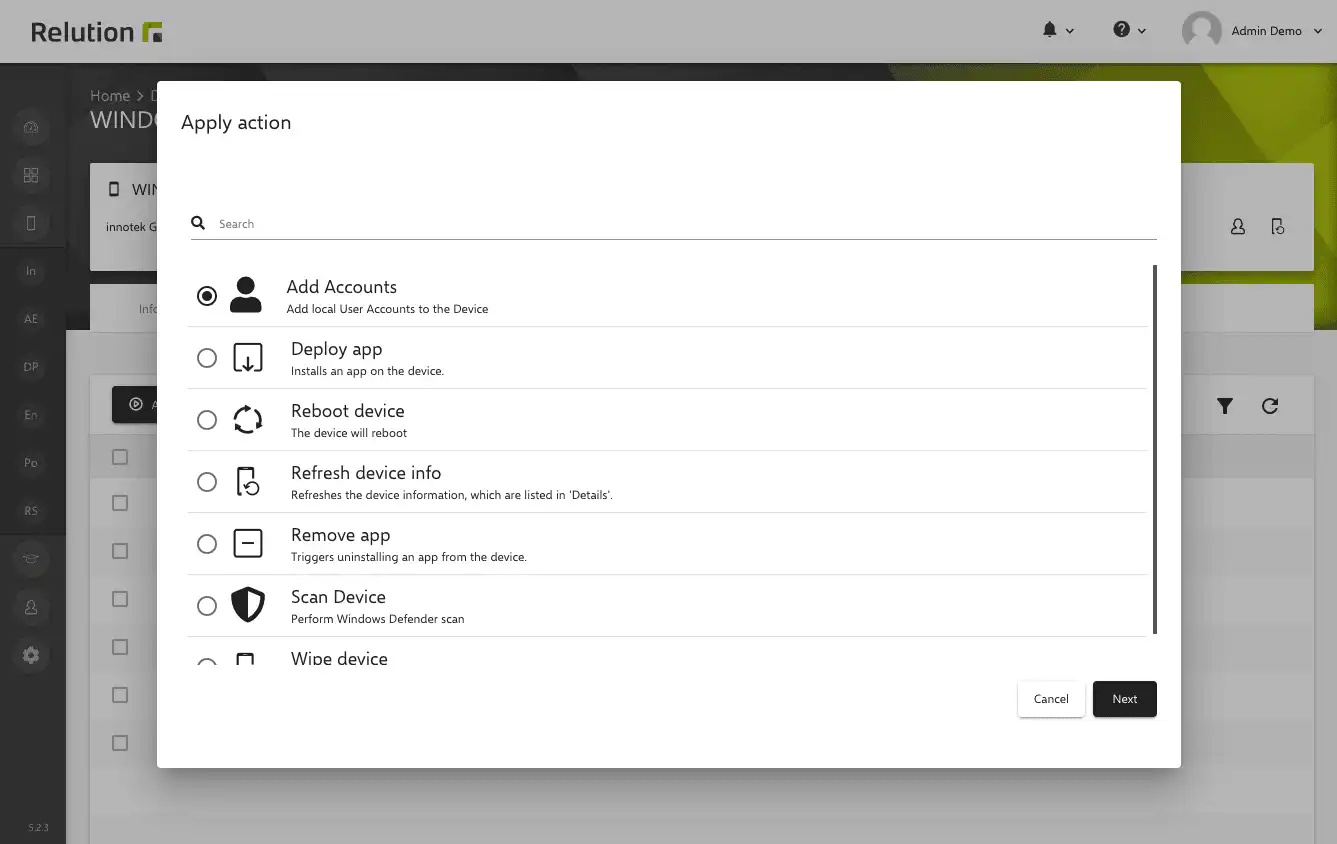 "Apply action" section in Relution with a new option to add user accounts