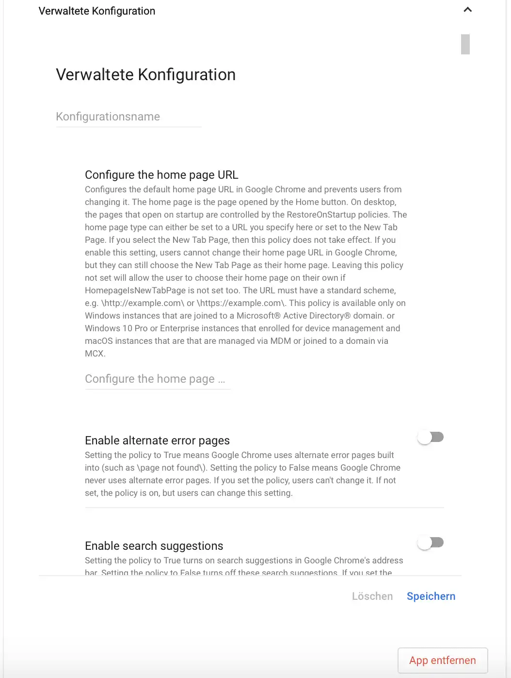 Ansicht der von Google stammenden Oberfläche zur verwalteten Konfiguration von Apps mit einstellbaren Optionen, die vom jeweiligen App-Entwickler bereitgestellt werden