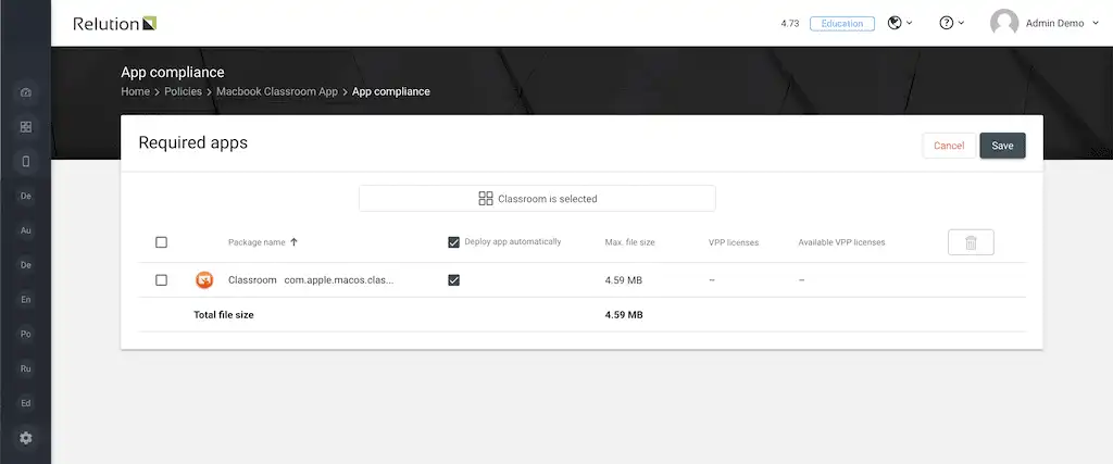 Interfaz de Relution con la configuración « App Compliance » en una política para distribuir aplicaciones macOS a dispositivos de profesores