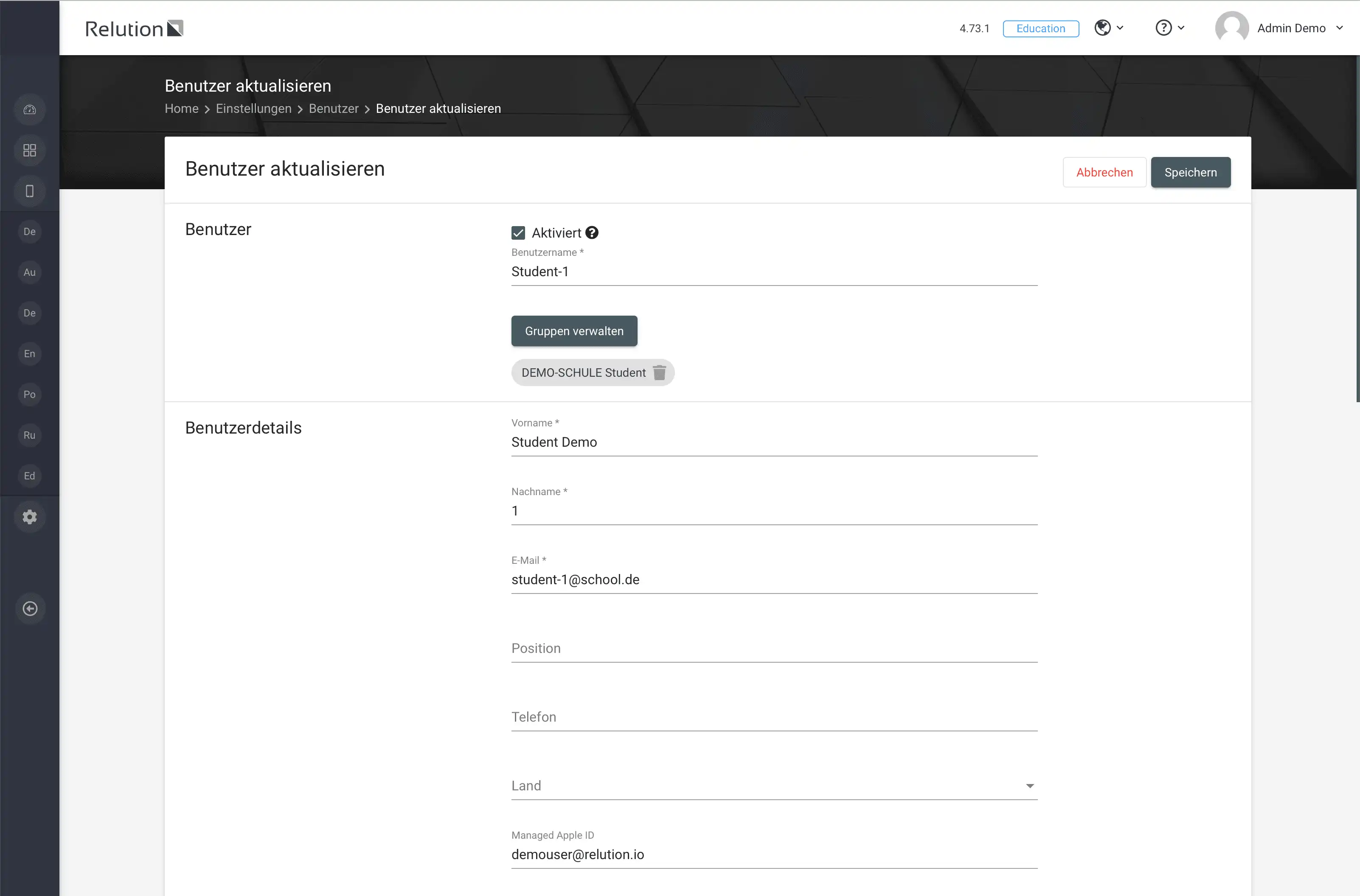 Relution-Benutzerprofil mit der Möglichkeit, eine im Apple School Manager angelegte Managed Apple ID über die E-Mail-Adresse zu verknüpfen und zu hinterlegen