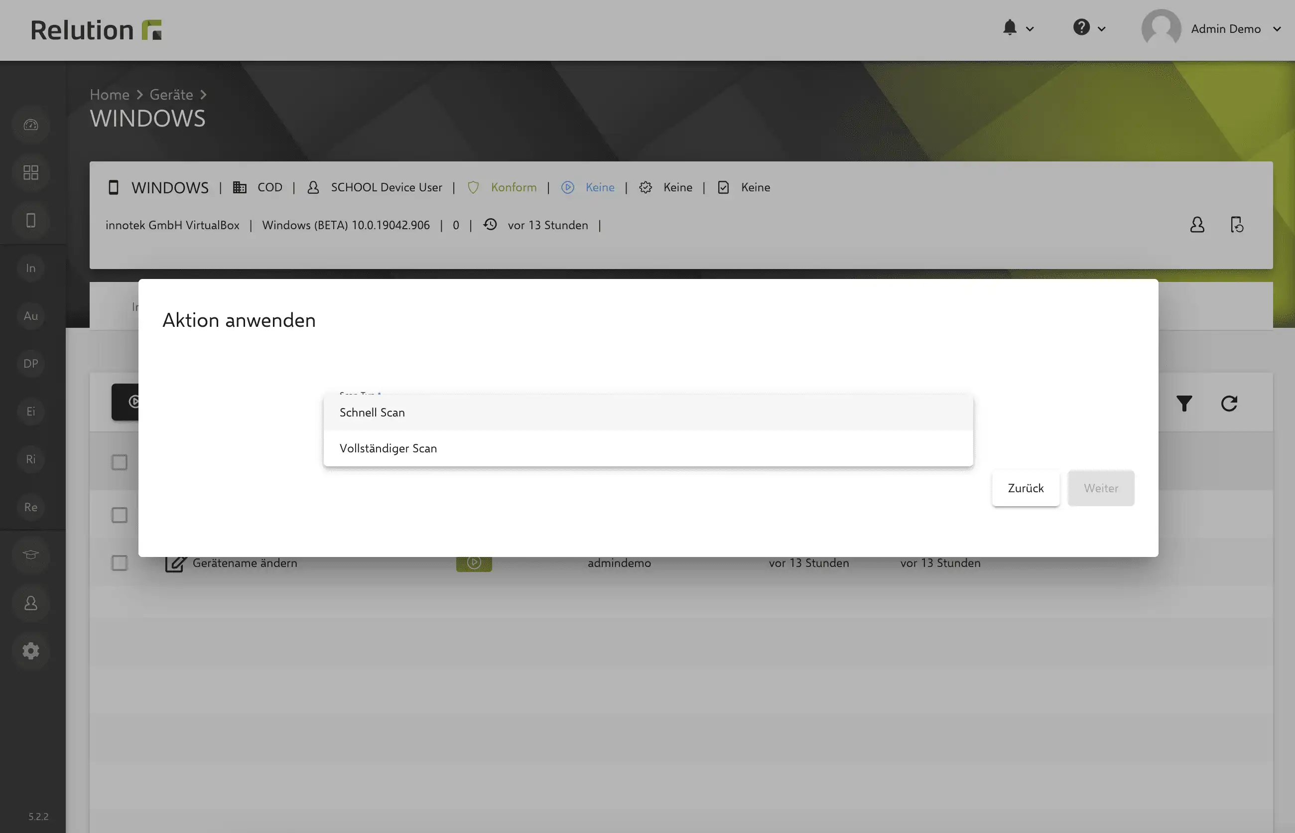 Option zur Auswahl zwischen „Schneller Scan“ und „Vollständiger Scan“ im Windows Defender über eine neue Aktion in Relution