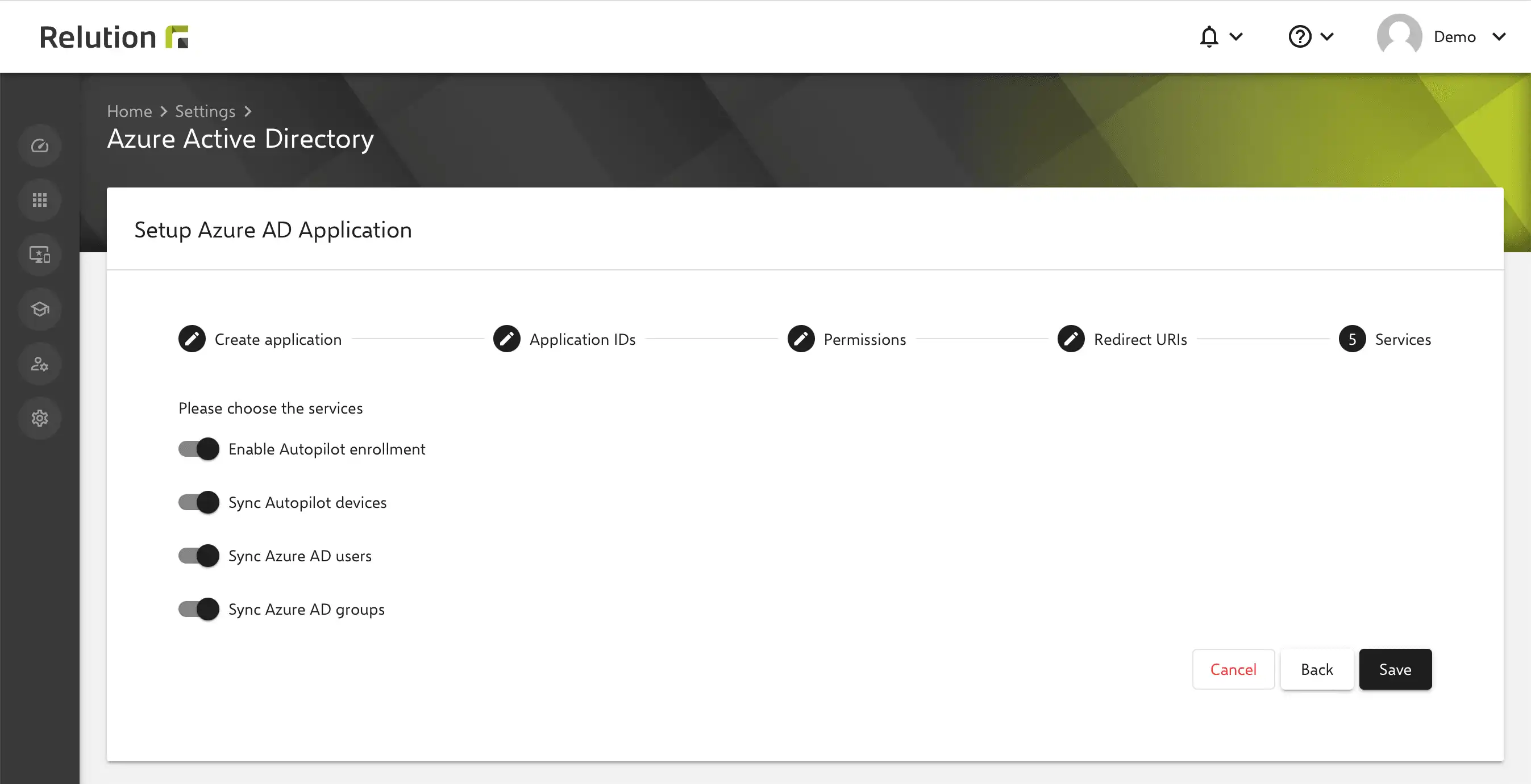 Pagina panoramica in Relution con opzioni per abilitare la sincronizzazione dei dispositivi e le registrazioni di Windows Autopilot