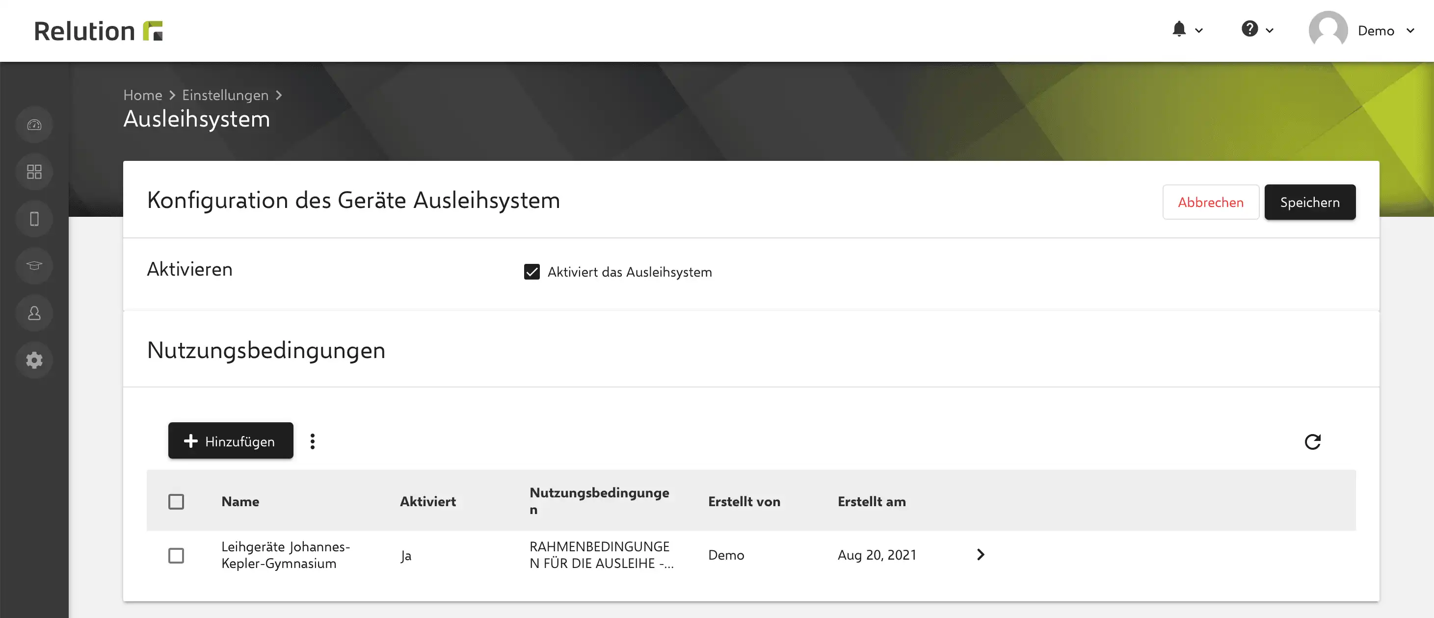 Screenshot des Ausleihprozesses in der Relution App mit einer aufgelisteten Nutzungsbedingung zur Auswahl