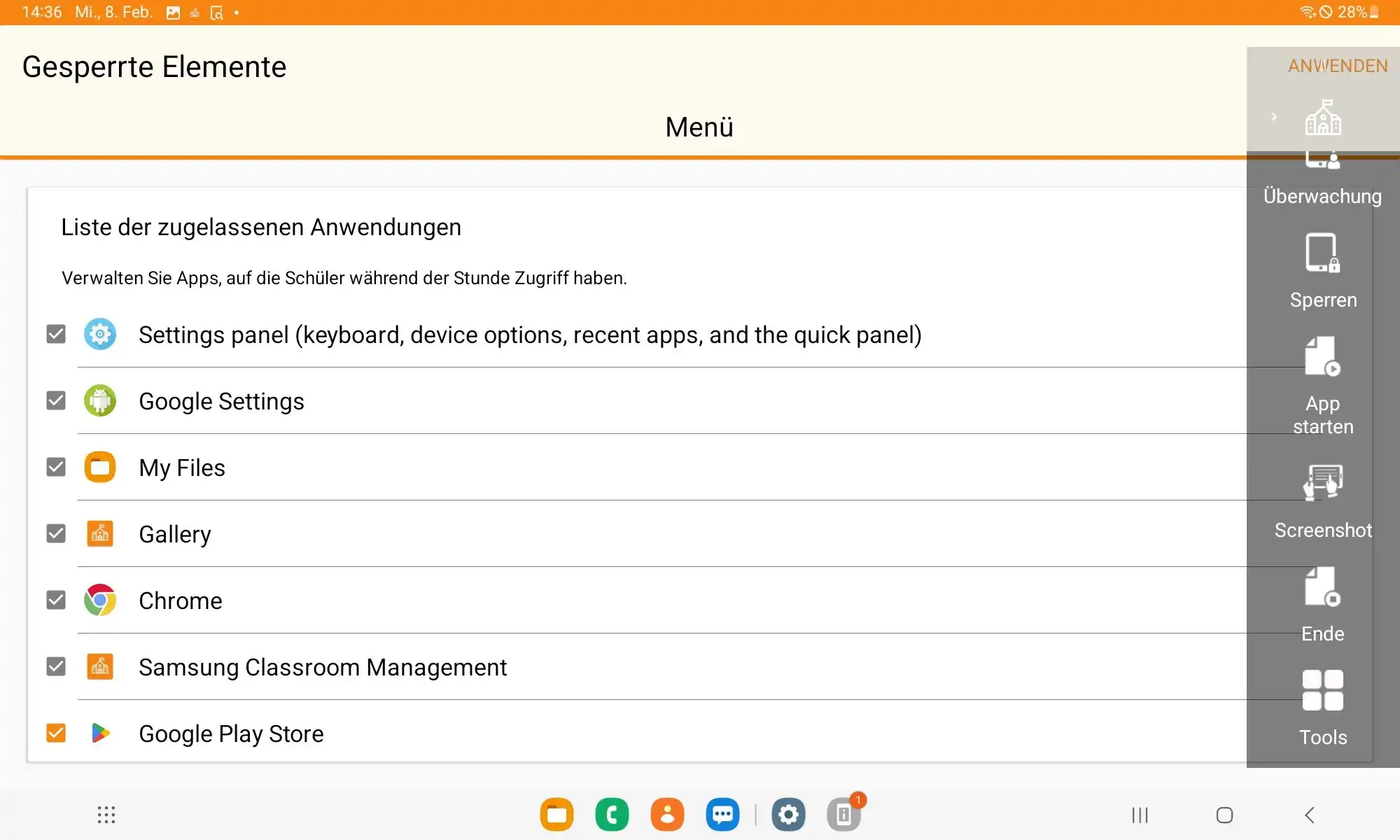Menüpunkt „Gesperrte Elemente“ in der Samsung Classroom Management App mit Optionen zum Sperren nicht benötigter Apps auf Schülergeräten