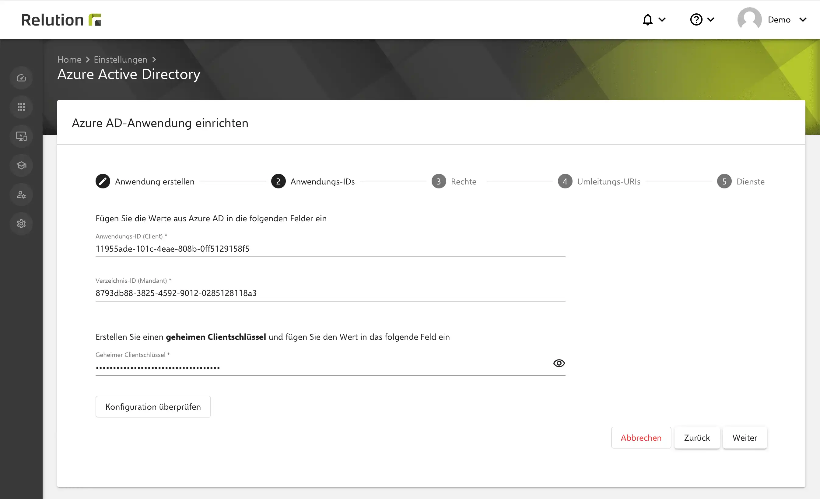 Azure AD Konfiguration in Relution mit direkter Überprüfung und Feedback zur Anmeldung am Azure AD Server