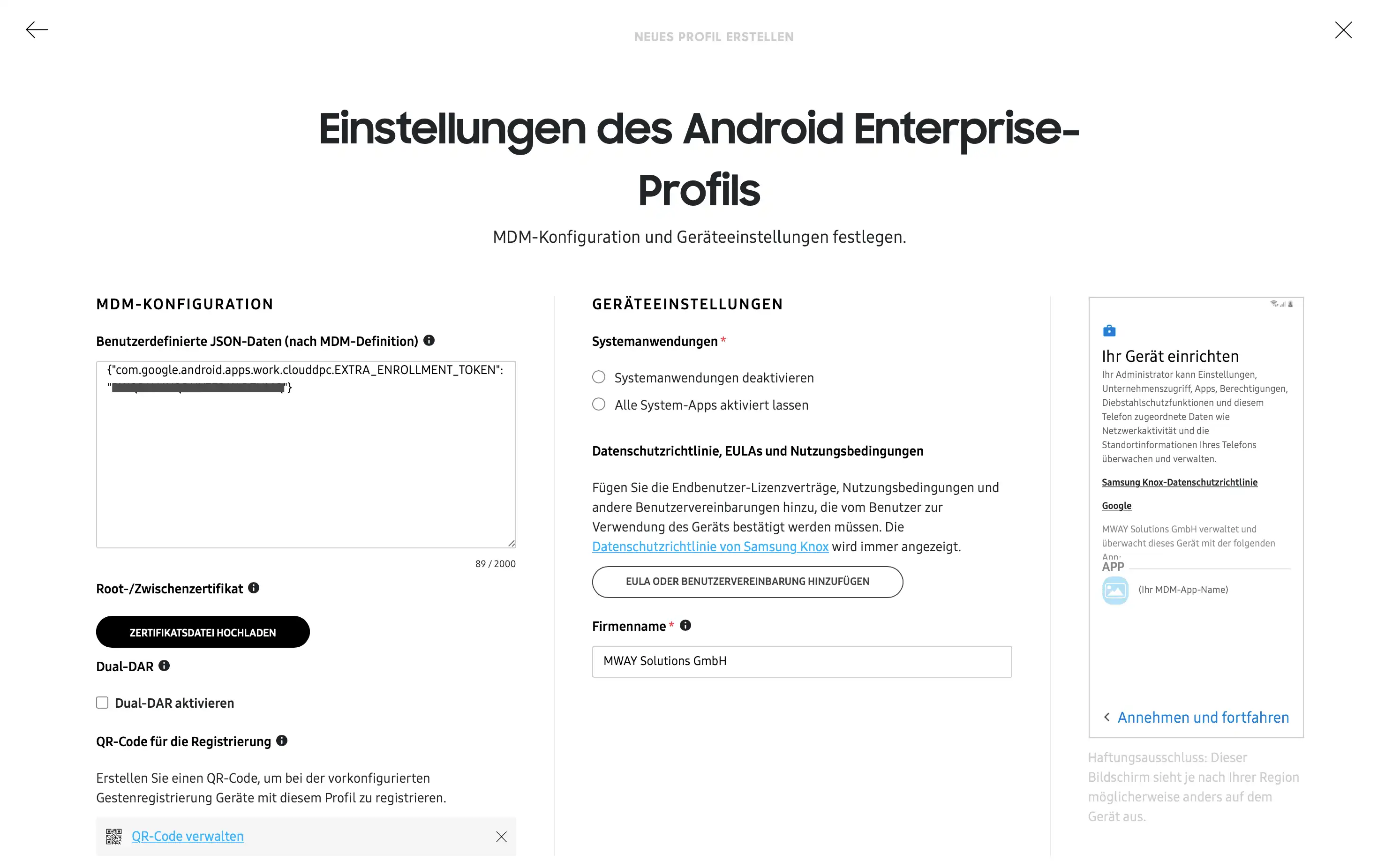 Eingabemaske in der Samsung Knox Mobile Enrollment Anwendung zur Übertragung des Multi-Enrollment Codes aus Relution in das MDM-Profil