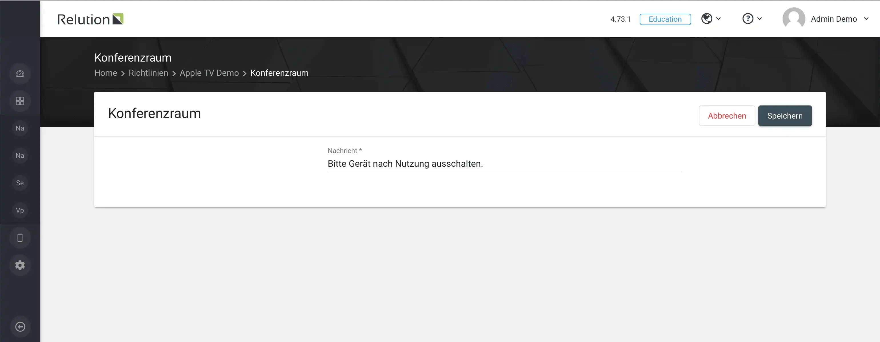 Konfiguration „Konferenzraum“ in Relution zur Aktivierung des Konferenzmodus auf Apple TV-Geräten, der Videostreaming deaktiviert und eine AirPlay-Verbindung ermöglicht