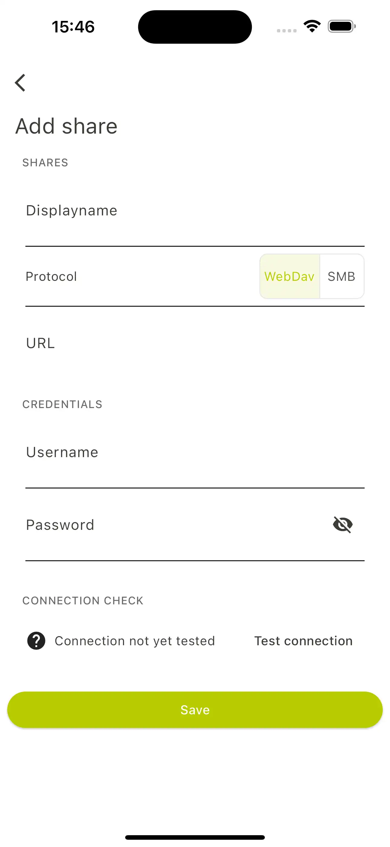 Configuración de Relution Files con opciones automáticas para « Particiones de archivos Relution », como nombre, URL del servidor/partición, usuario y contraseña