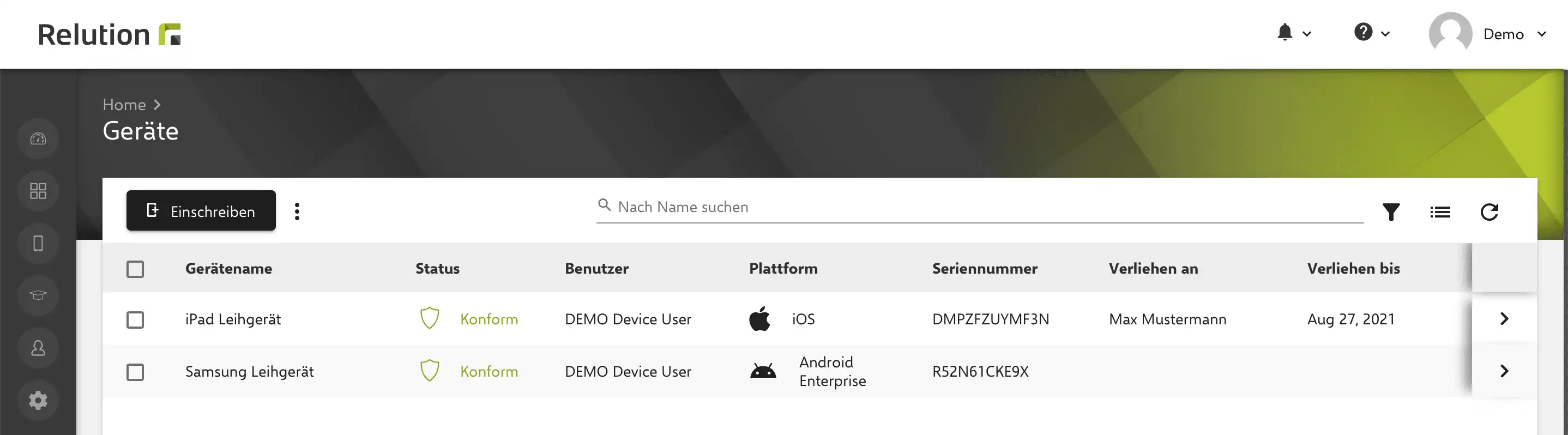 Geräteübersicht im Relution-Ausleihsystem mit Angaben zu Leihstatus, Leihfrist und Seriennummer