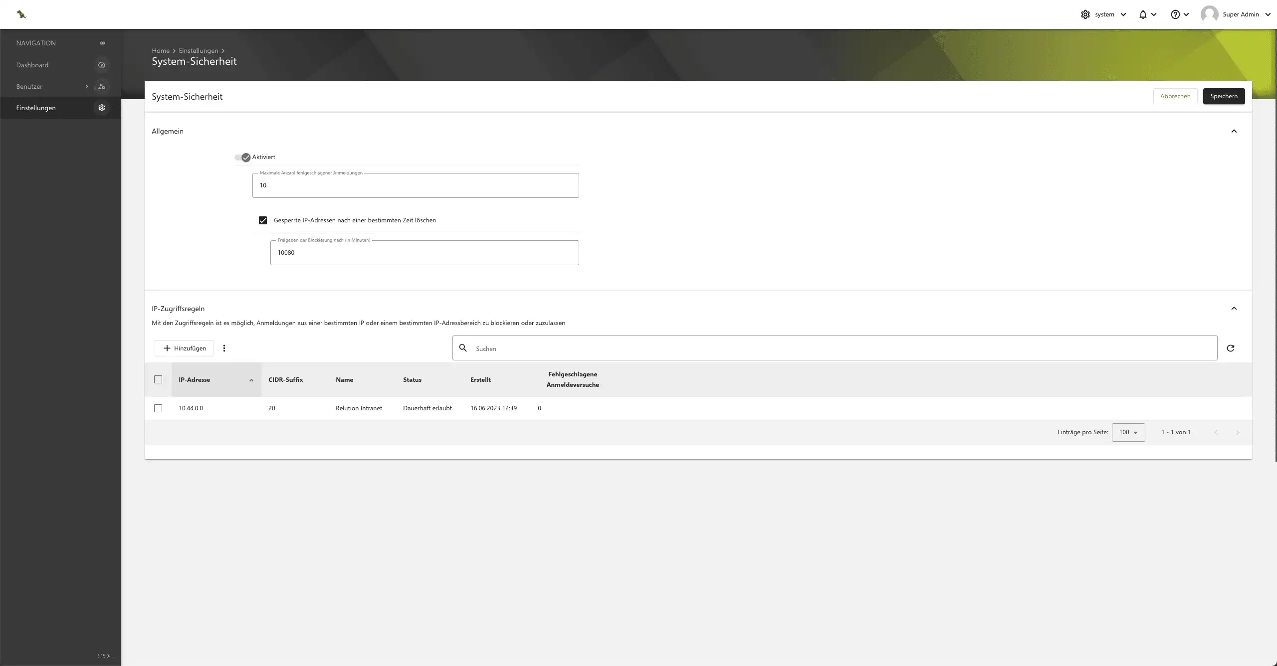 Vista de la configuración « Seguridad del sistema » en Relution para establecer el bloqueo IP en caso de intentos fallidos de inicio de sesión y configuraciones de liberación automatizada