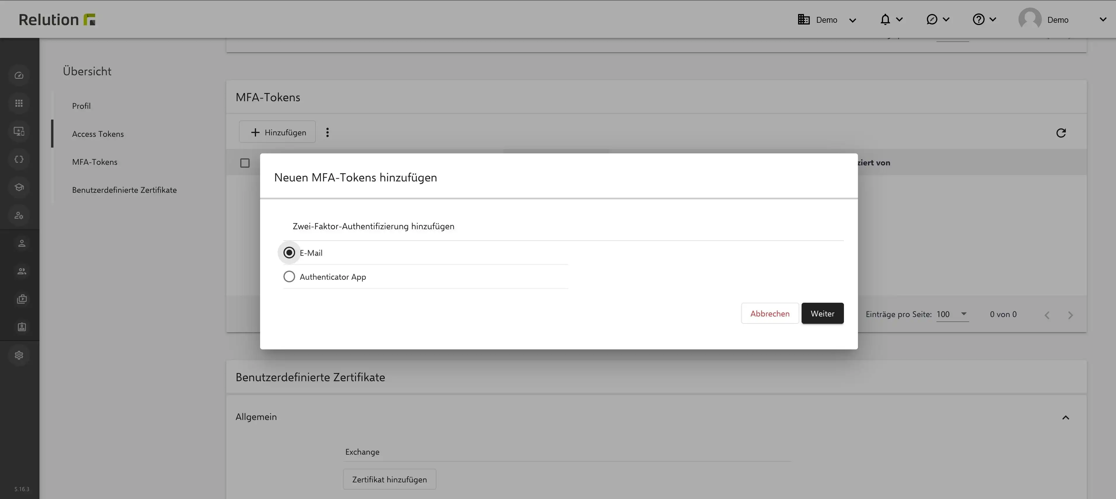 Menüansicht im Relution Portal zur Aktivierung der MFA durch Nutzer mit der Option, E-Mail-Tokens hinzuzufügen und die E-Mail-Adresse zu hinterlegen