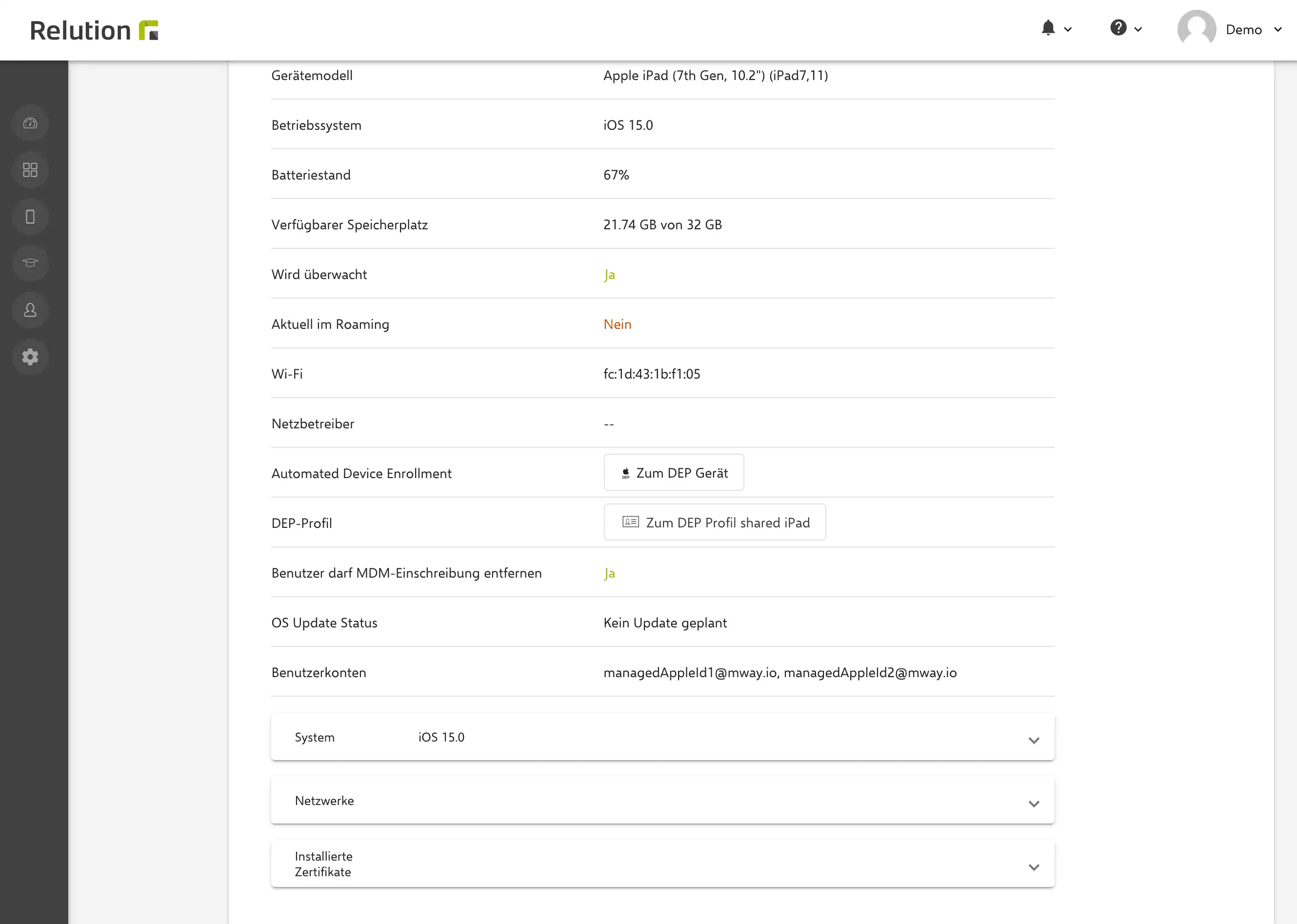 Abruf eines aktiven Benutzerkontos auf einem geteilten iPad oder überwachten macOS-Gerät via „Geräteinformationen aktualisieren“ in Relution
