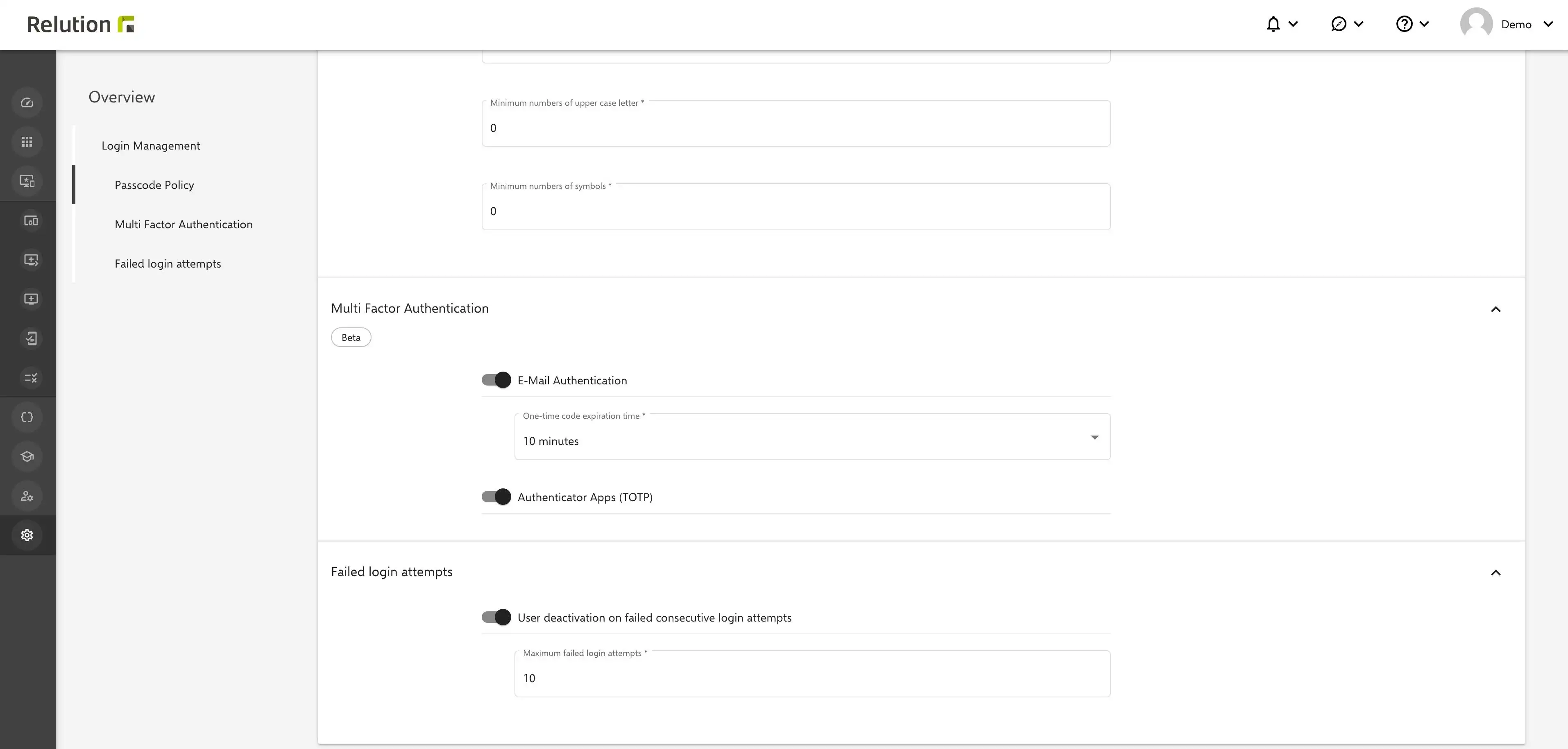 Setting in the Relution portal to limit failed login attempts to enhance security