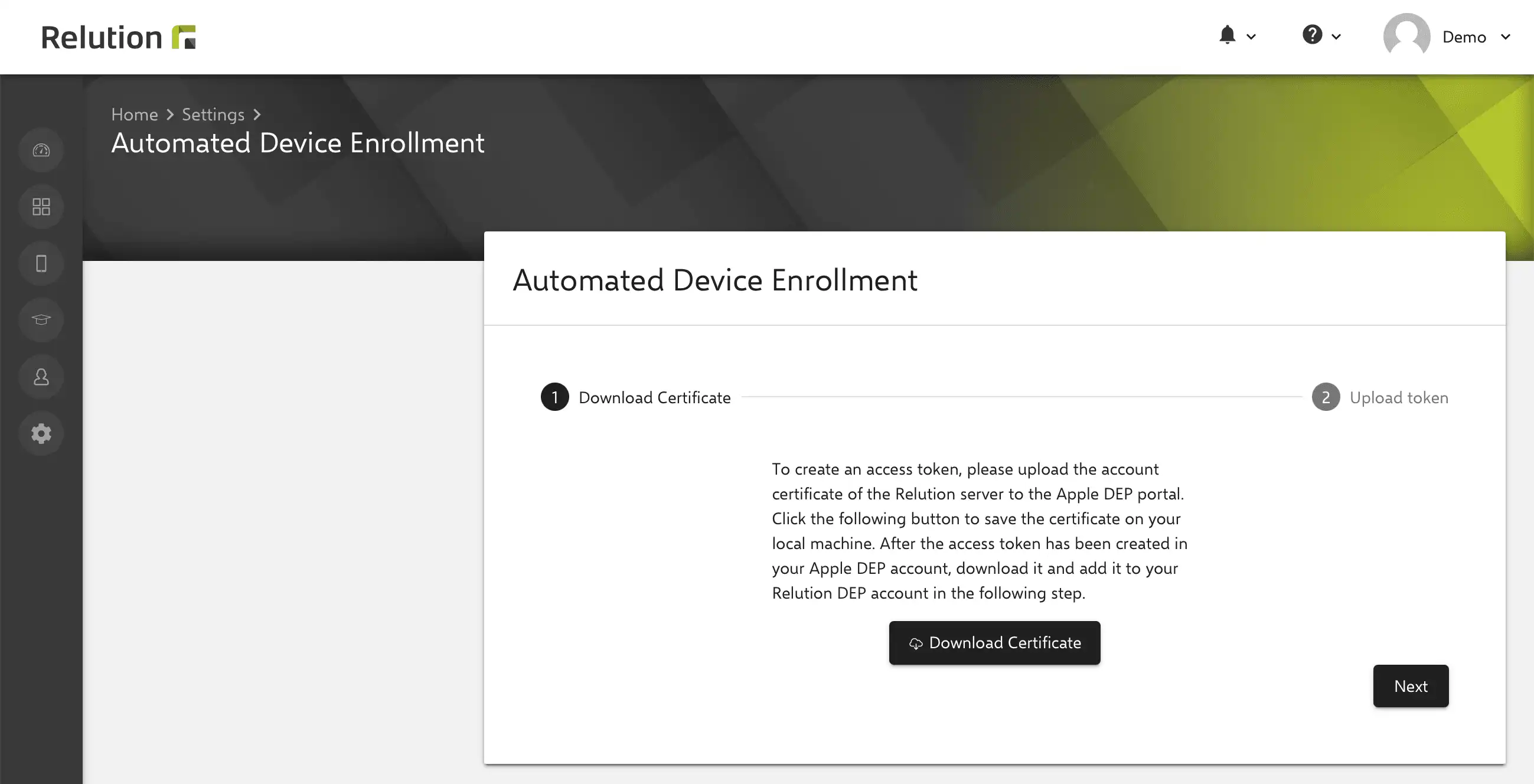Yeni bir DEP hesabı oluşturma seçeneğiyle "Apple Automated Device Enrollment" altında Relution'daki menü görünümü