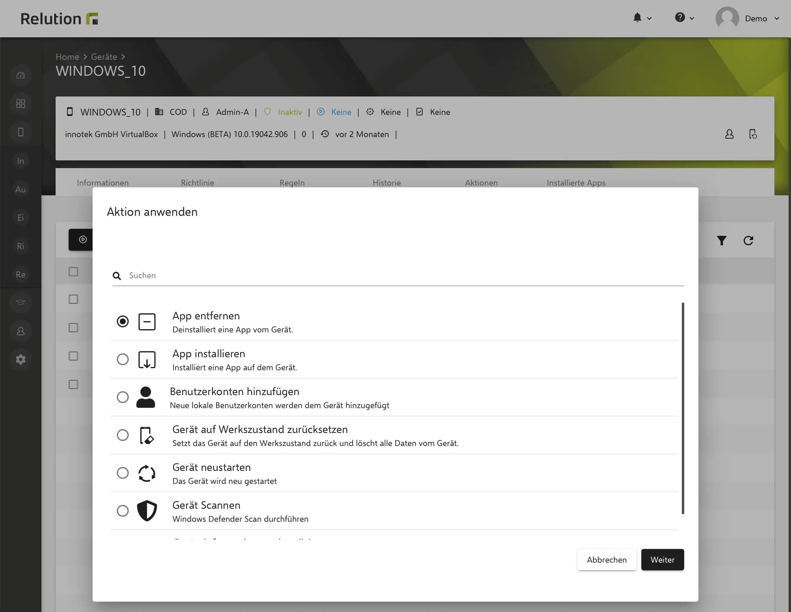 Aktionenverwaltung in Relution für eingeschriebene Windows 10/11-Geräte, inklusive Installation von Apps und Hinzufügung lokaler Benutzerkonten