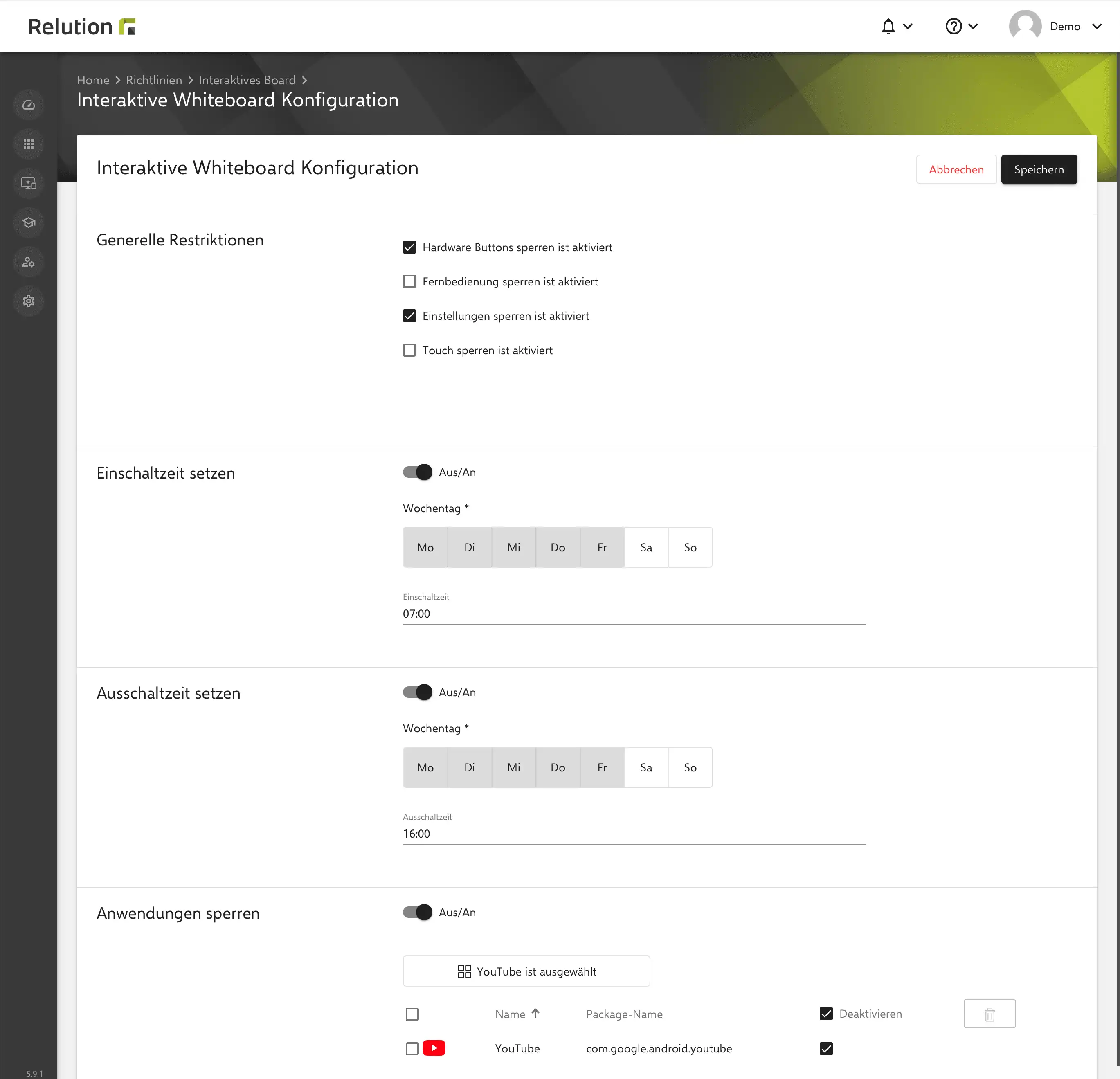 Konfiguration von interaktiven Whiteboards im Relution Portal zur Festlegung von Funktionen und automatischen Zeitplänen