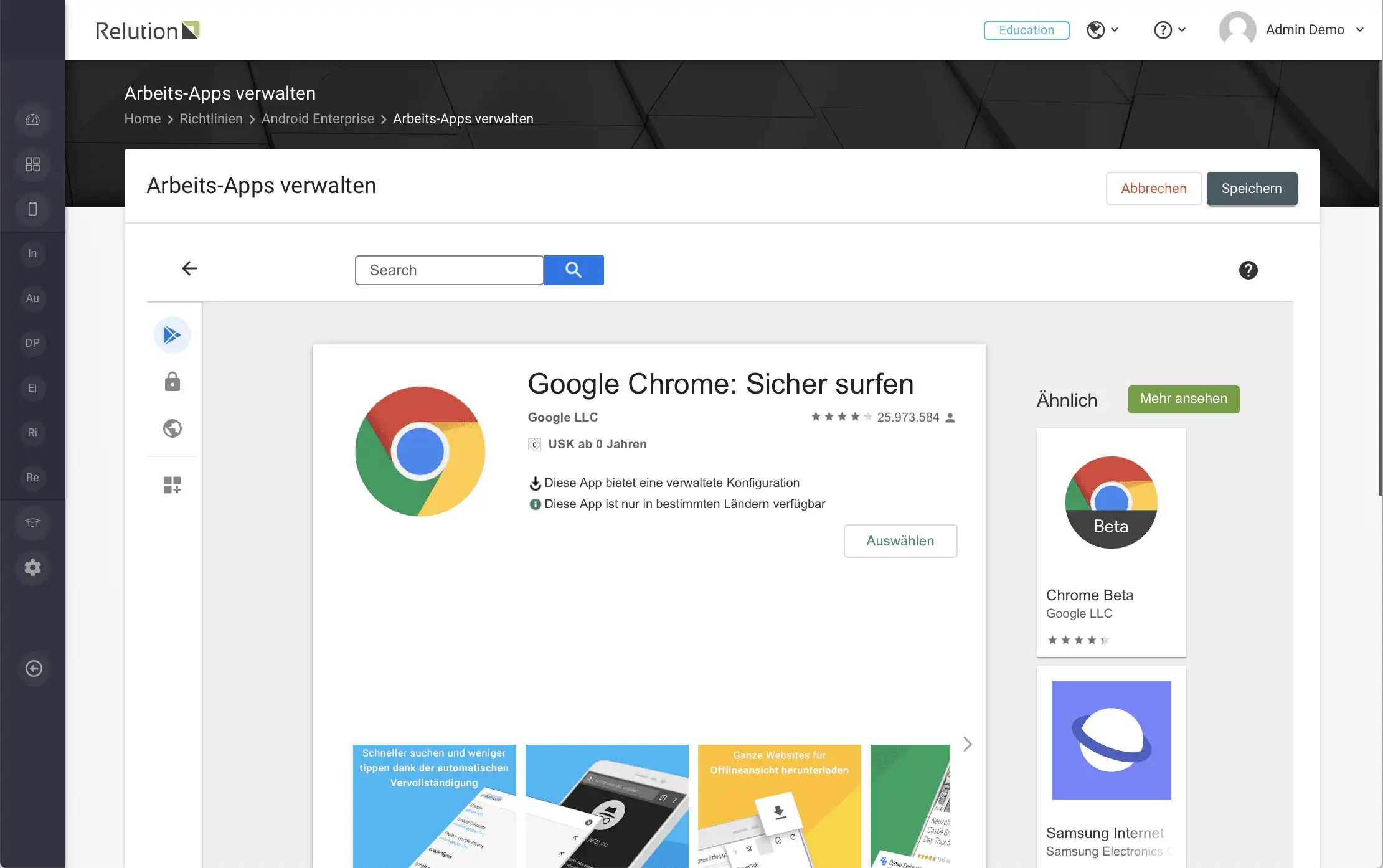Detailseite der Google Chrome App in Relution mit der Option, die App über den „Auswählen“-Button zur Konfiguration hinzuzufügen