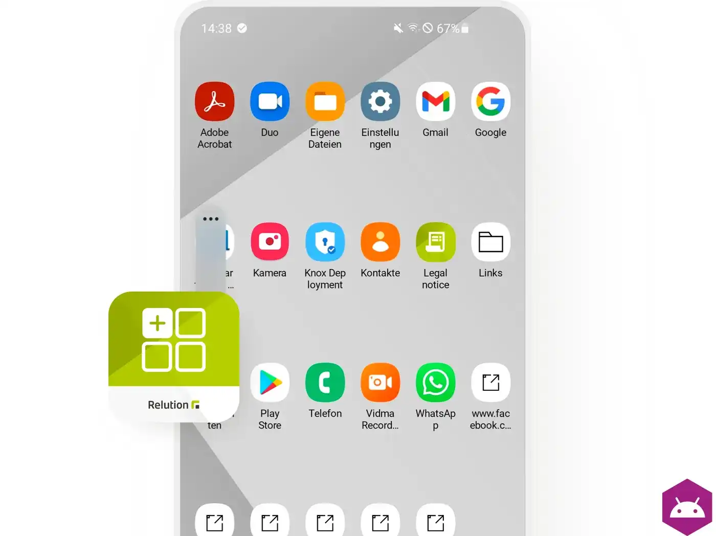 Eine beispielhafte Darstellung der Relution Homescreen App, daneben werden zahlreiche Icons bekannter Apps auf einem Homescreen eines mobilen Endgeräts dargestellt