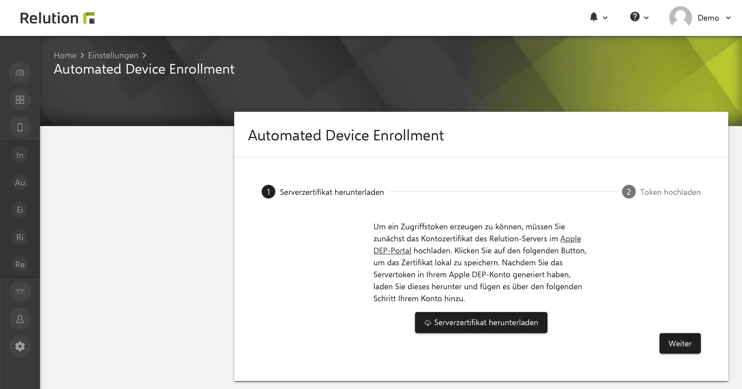 Menüansicht in Relution unter „Apple Automated Device Enrollment“ mit der Option, ein neues DEP-Konto anzulegen