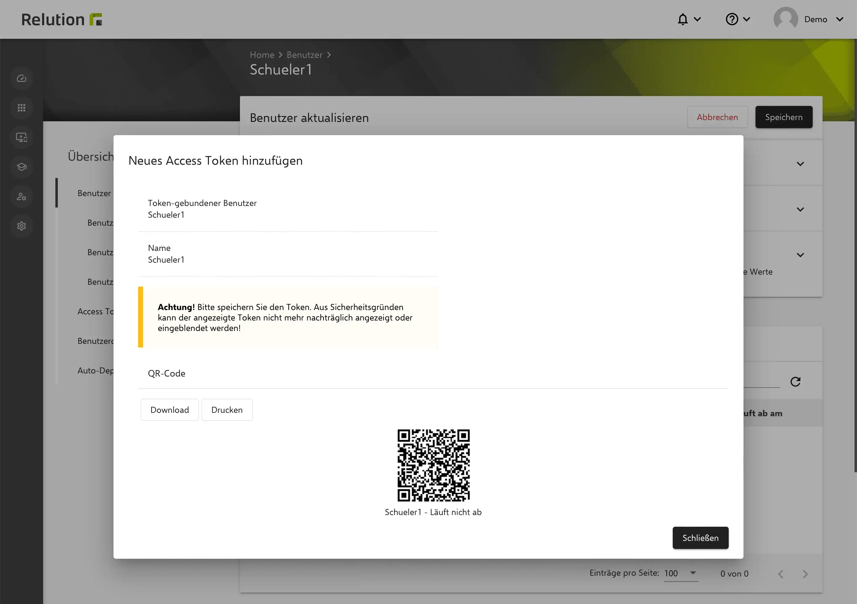 Generierung von Zugangstokens als QR-Codes im Relution Portal unter „Benutzer“ für die Weitergabe an Nutzer