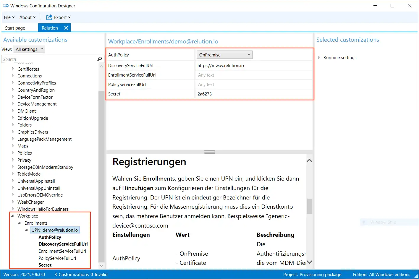Vista in Windows Configuration Designer con un pannello di navigazione ampliato « UPN » e campi compilati, inclusi « AuthPolicy » impostato su « OnPremise » e « DiscoveryServiceFullUrl »