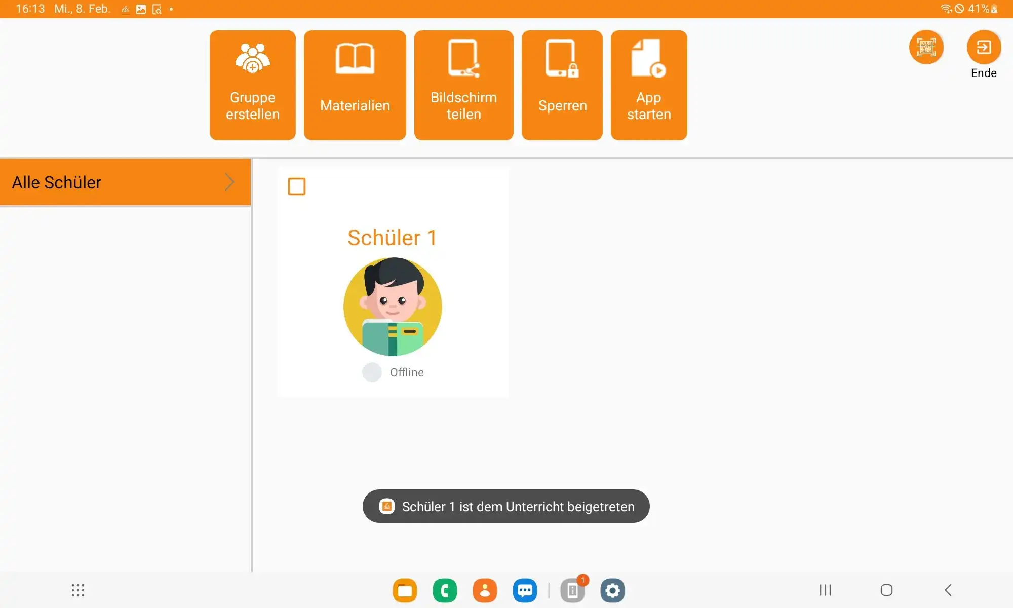 Ansicht der Samsung Classroom Management App nach dem Klick auf „Klassenzimmer betreten“ mit Darstellung der entsprechenden Klasse aus Relution
