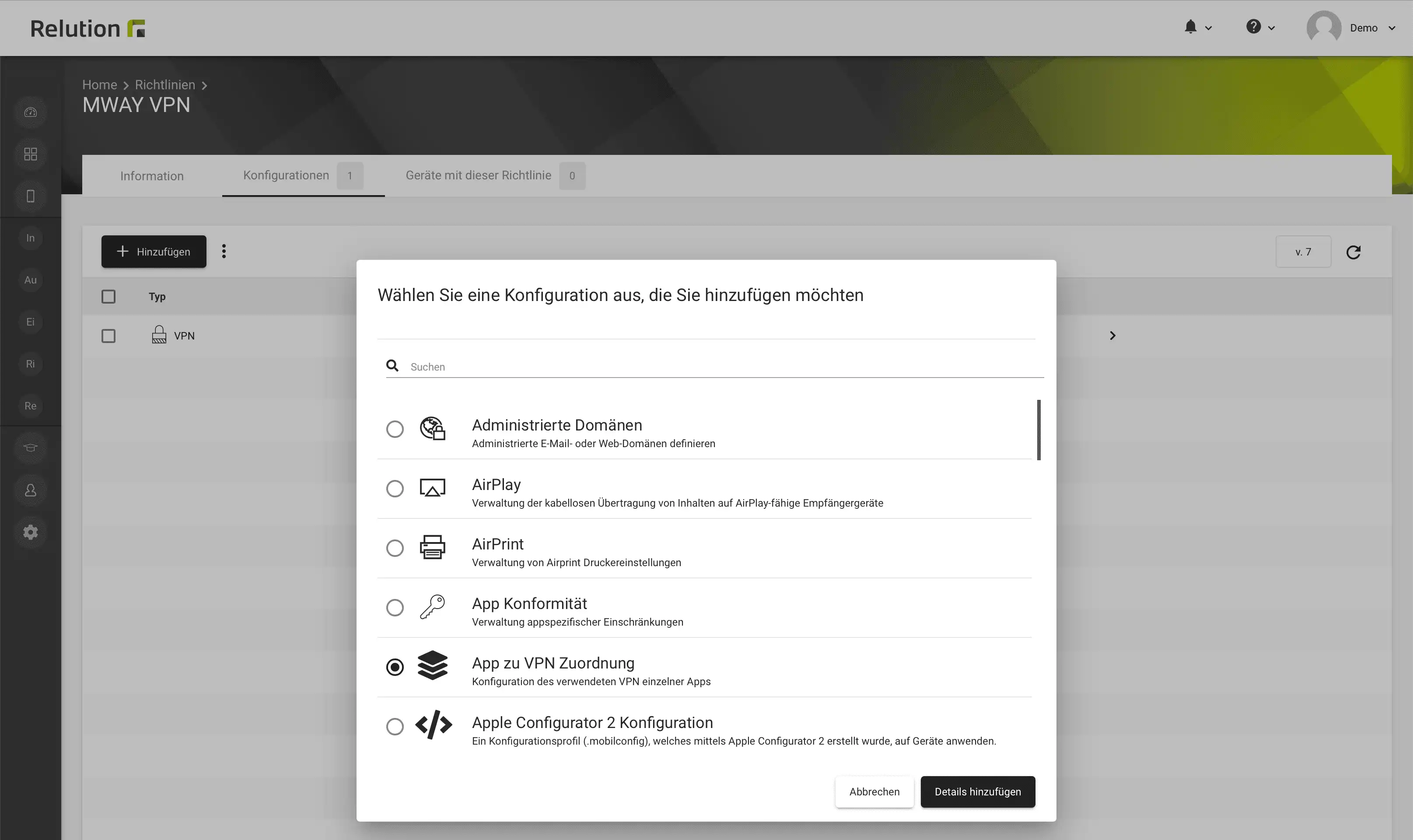 Auswahl einer Konfiguration in Relution mit der Option „App zu VPN Zuordnung“ zur automatischen VPN-Verbindung für iOS Apps