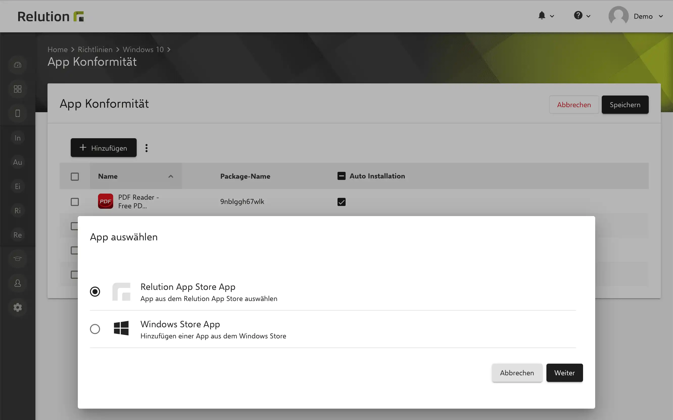 Konfiguration „App Konformität“ in Relution zur Integration von nativen Apps aus dem Relution App Store und public Apps aus dem Windows Store