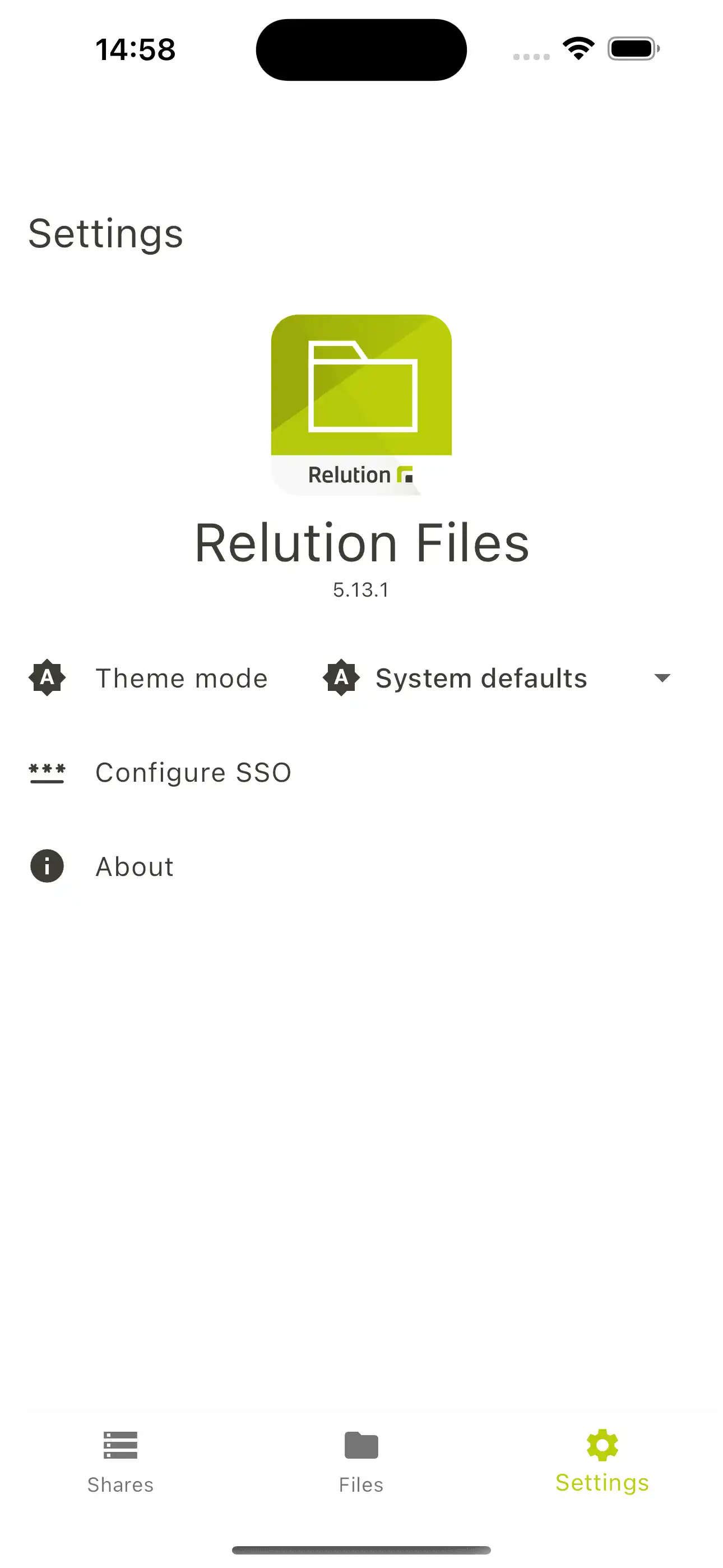 Vista de la aplicación Relution Files que muestra el encabezado « Configuración », el número de versión y varias opciones de configuración debajo