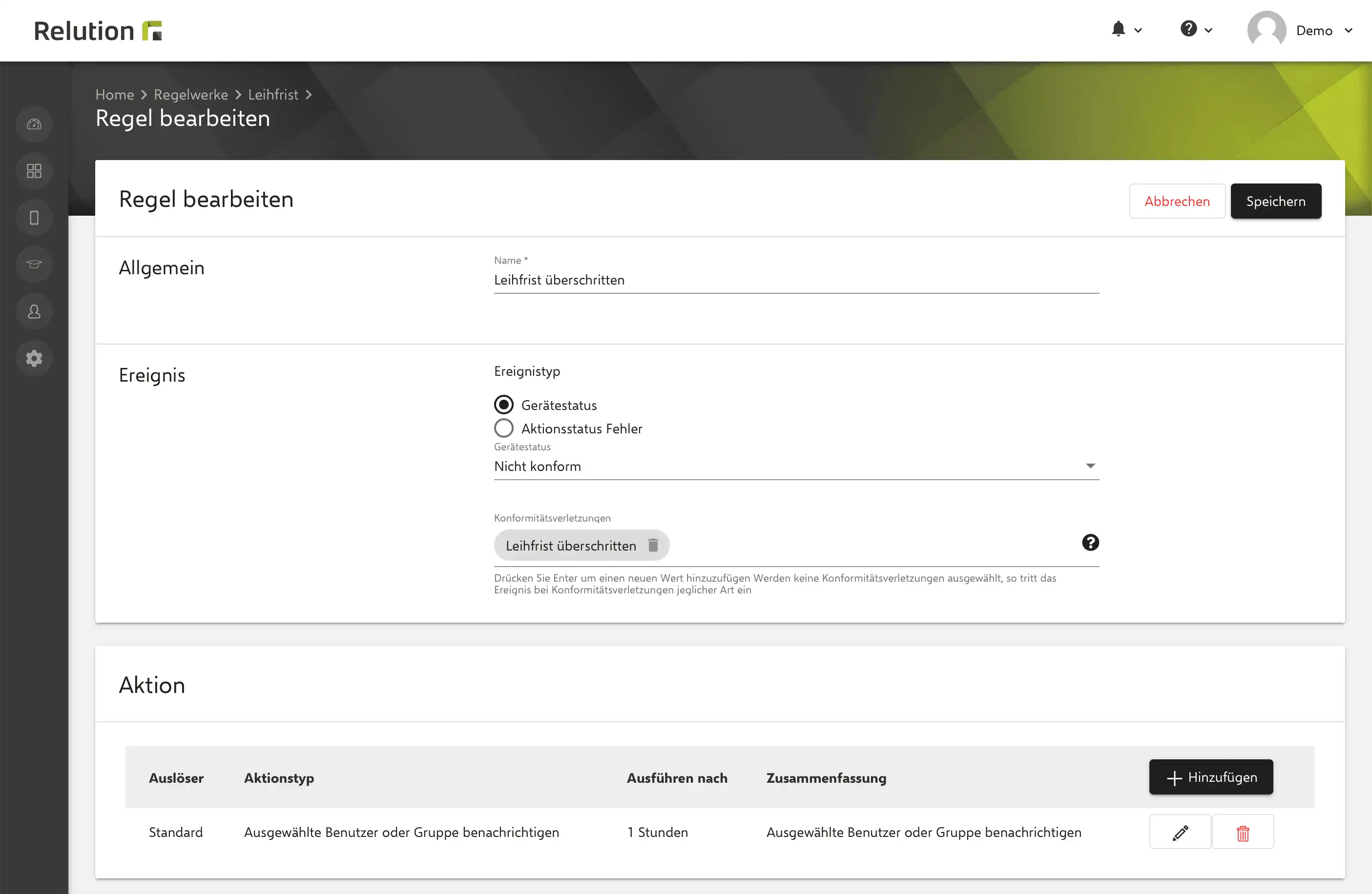 Ansicht in der Relution App zur Konfiguration von Regeln für den Fall, dass die Leihfrist eines Geräts überschritten wird