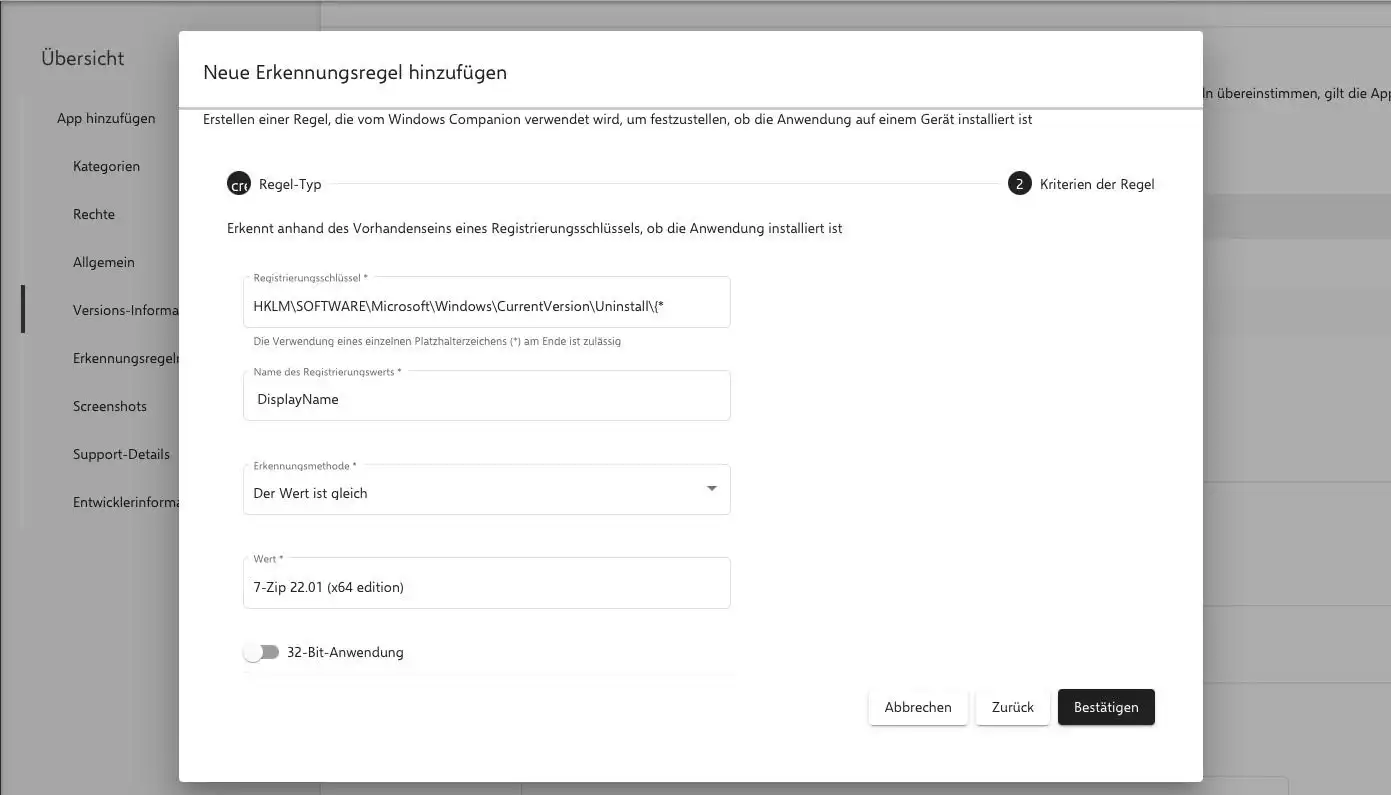 Konfigurationsmaske in Relution zur Erstellung der „Registry“-Erkennungsregel mit Feldern für Registrierungsschlüssel, Registrierungswert, Erkennungsmethode und Wert, um Applikationen eindeutig auf Windows-Geräten zu identifizieren