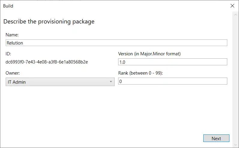 Screenshot della maschera di input per definire il nome, la versione e la priorità (« Rank ») del pacchetto di provisioning durante il processo di registrazione di massa di Windows