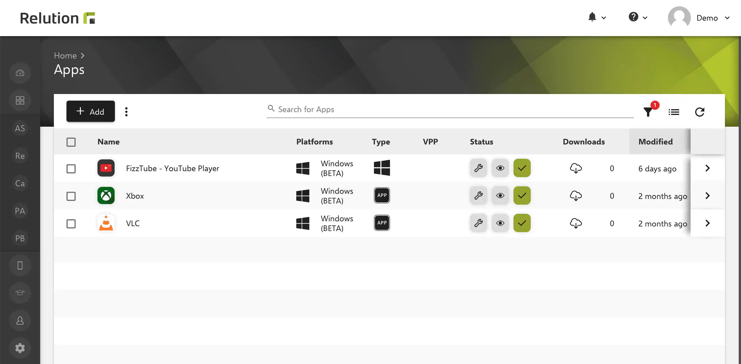 Overview in the Relution App Store for managing imported Windows Modern Apps and public apps from the Windows Store similar to other app types