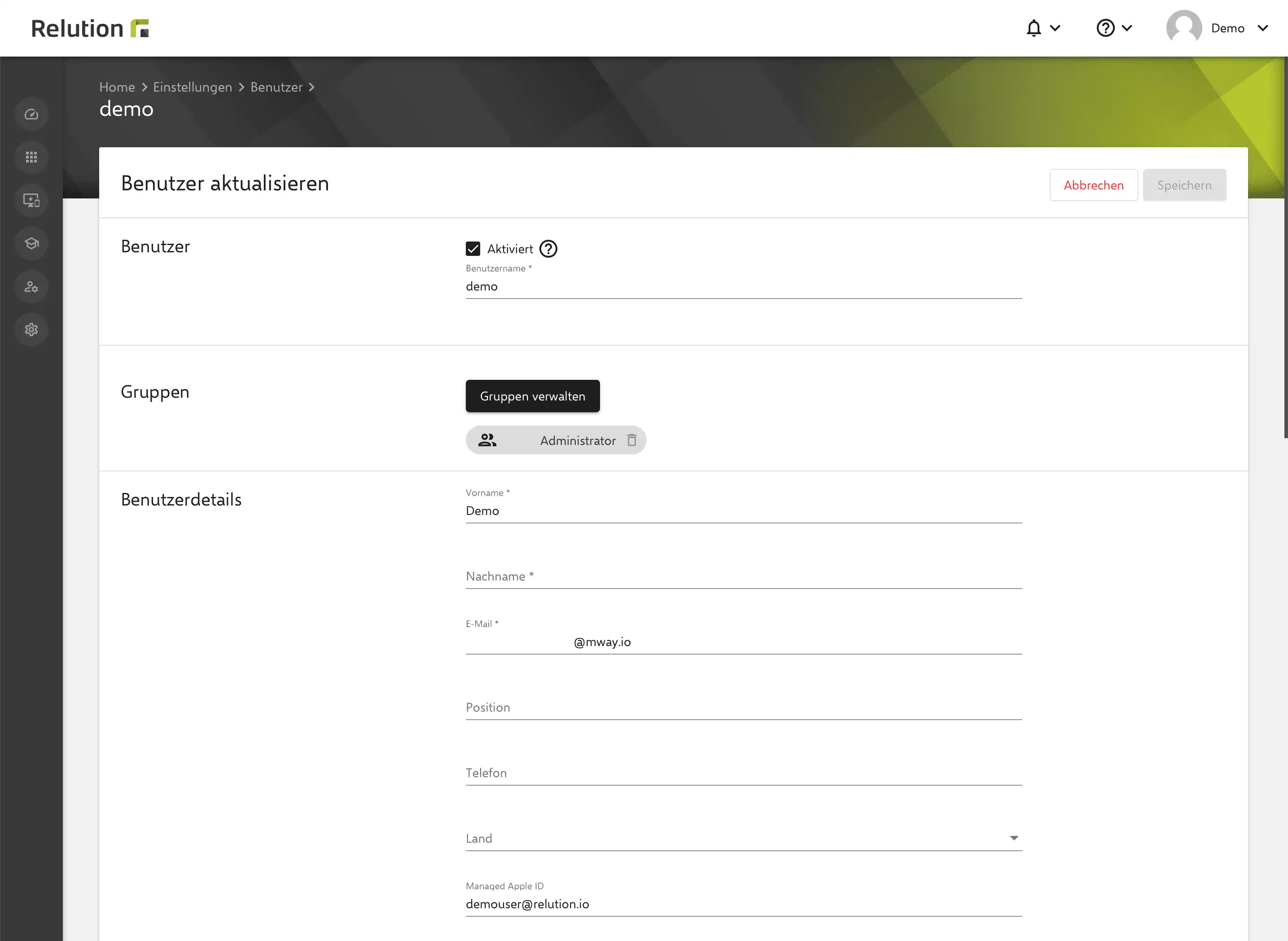 Ansicht der Benutzerprofil-Konfiguration in Relution zur Hinterlegung der Managed-Apple-ID für die Verknüpfung mit dem VPP-Token einer Organisation