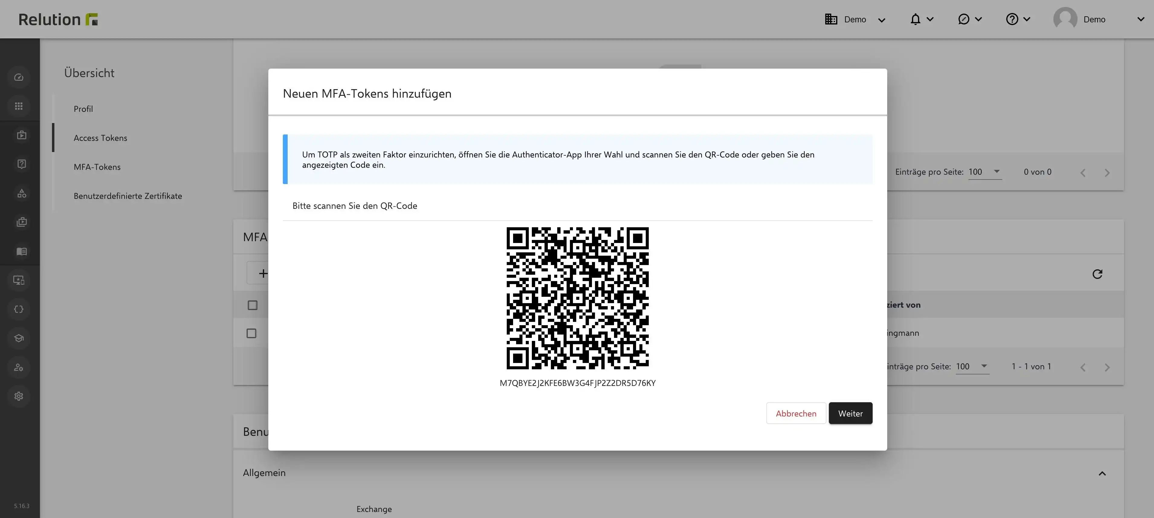 Ansicht im Relution Portal zur Einrichtung eines neuen MFA-Tokens mit der Option „Authenticator App“ und Anzeige eines QR-Codes zur Verifizierung