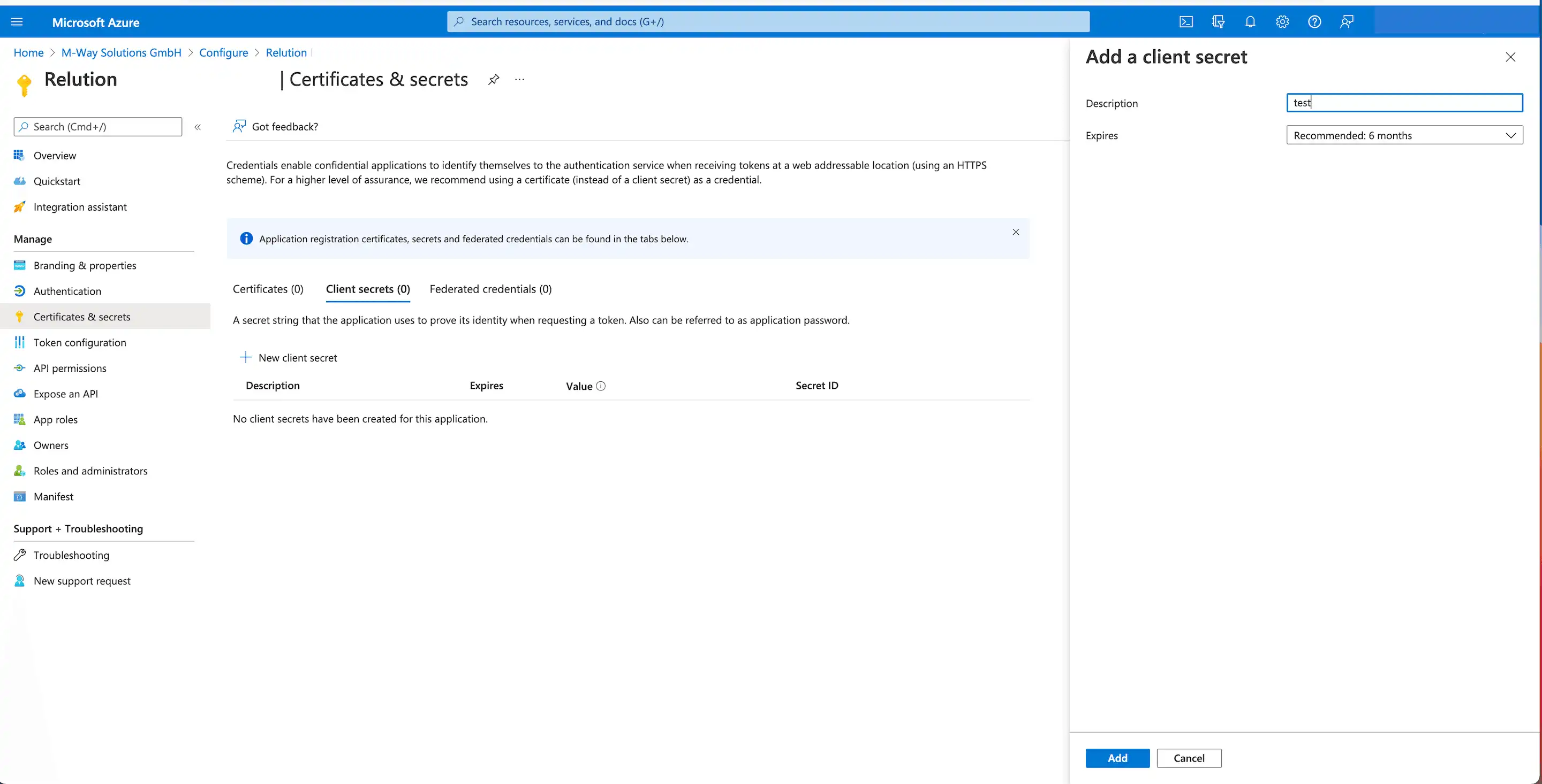 Sección « Certificados y Secretos » en Azure con la opción de agregar una « Clave Secreta de Cliente » especificando una descripción y un período de validez