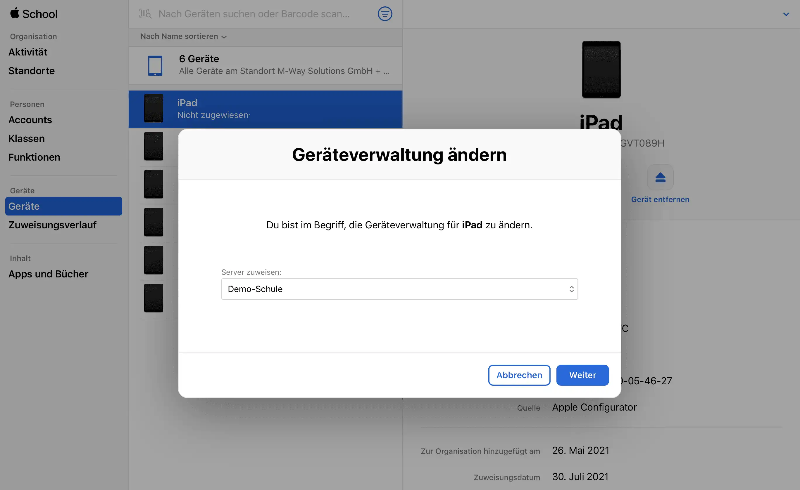 Einstellung zur Gerätezuteilung im Apple School Manager mit der Option „Server zuweisen“ während der Verwaltungskonfiguration